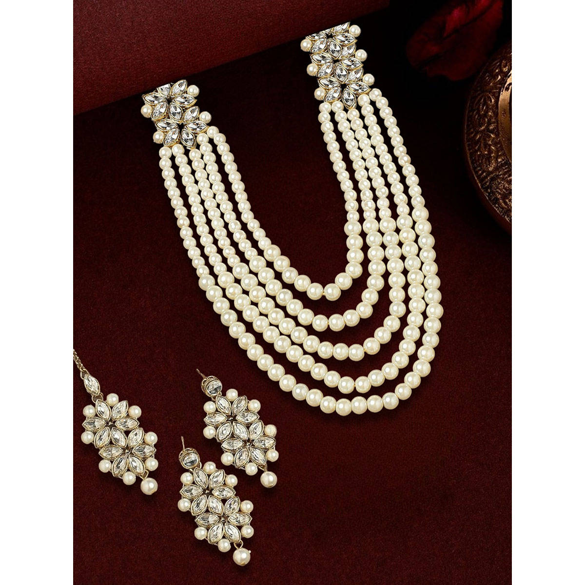 OOMPH Gold Kundan Pearls Layer Long Mala Necklace Set with Drop Earrings Maangtikka
