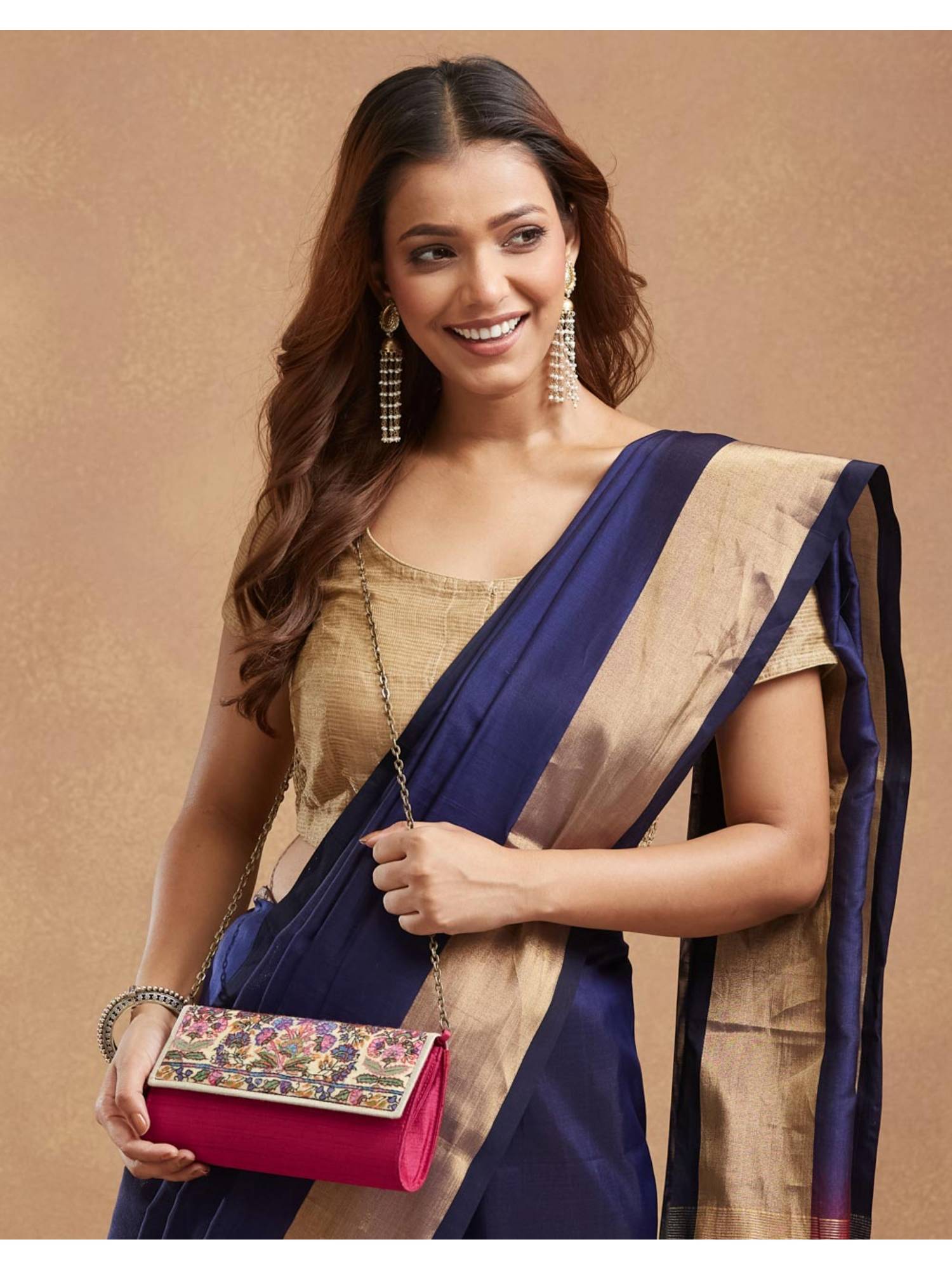 Fabindia Pink Silk Blend Clutch with Detachable Chain