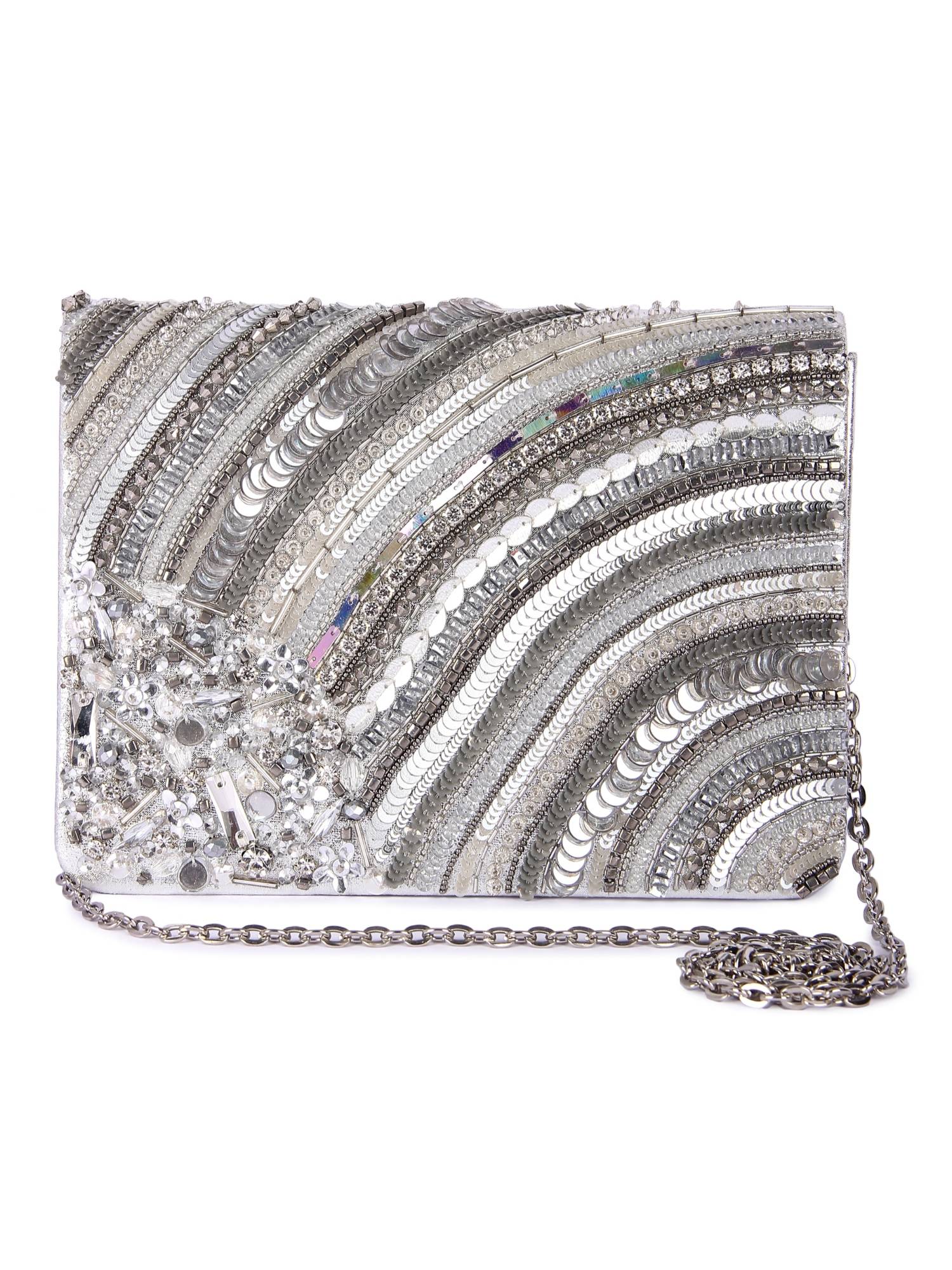 The Purple Sack Silver Sheel Clutch with Detachable Chain