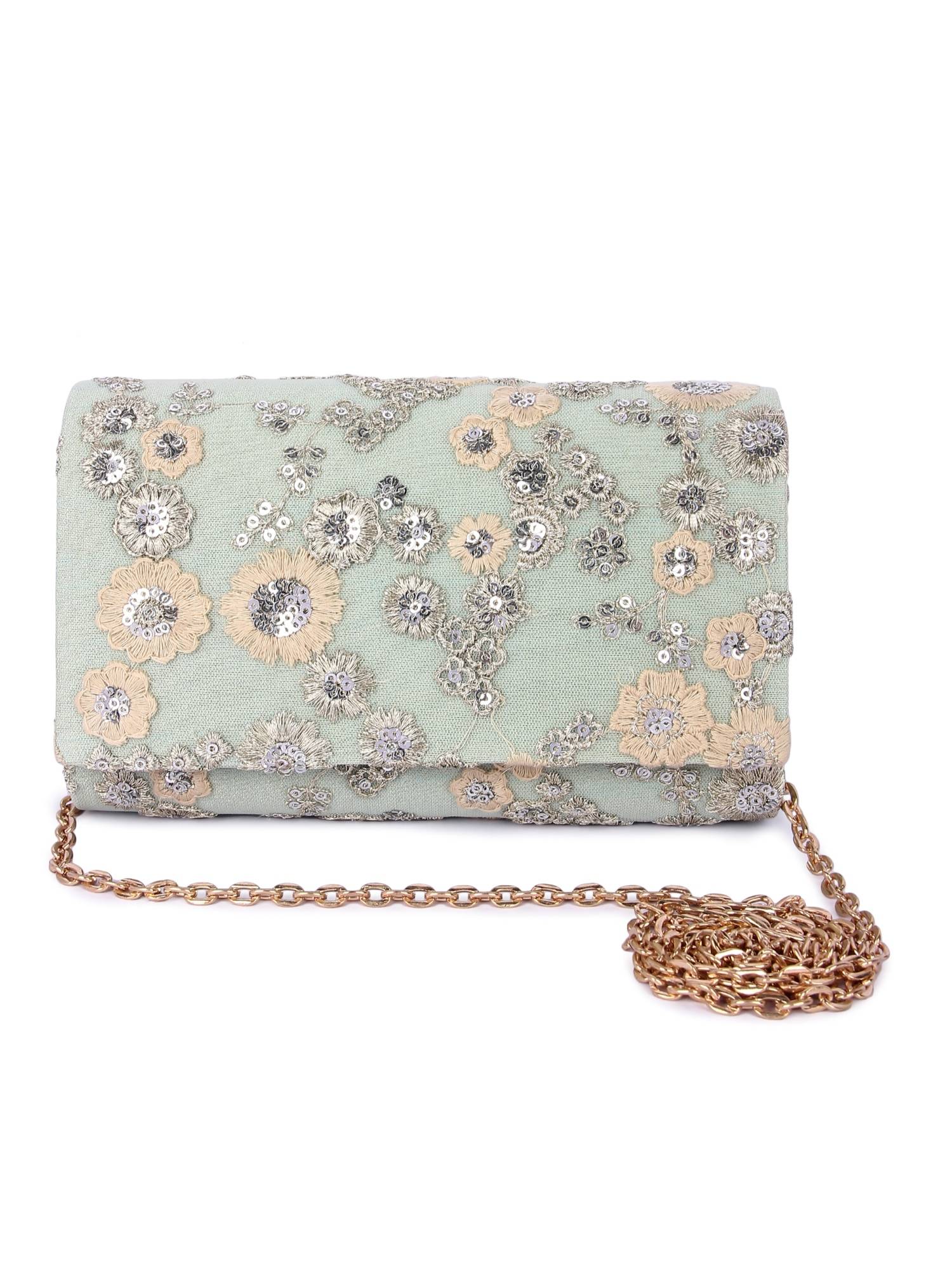 The Purple Sack Mint Green Floral Clutch with Detachable Chain