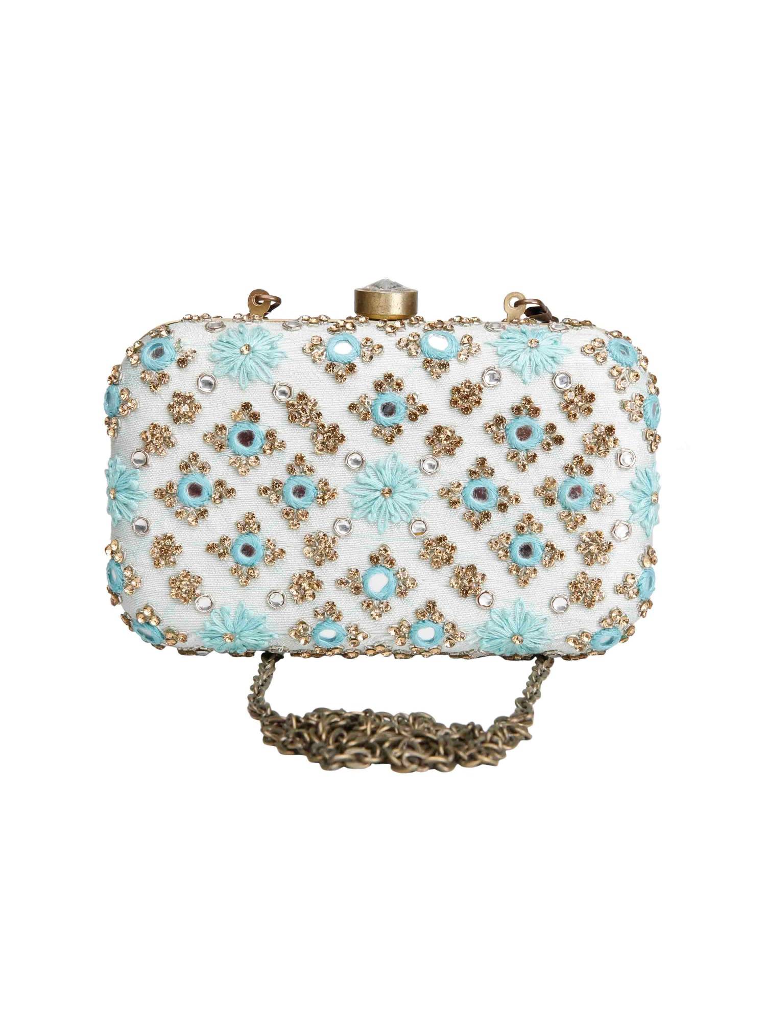 The Purple Sack Ice Blue Mirrorwork Clutch with Detachable Chain