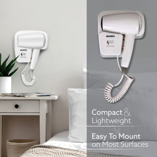 AGARO HD1417 Wall Mounted Hair Dryer 1400W, Electric Wall Mount for  Bathroom, Household, White