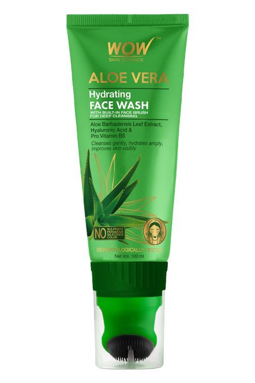 WOW Skin Science Aloe Vera Hydrating Gentle Face Wash Gel Tube with Built-In Face Brush