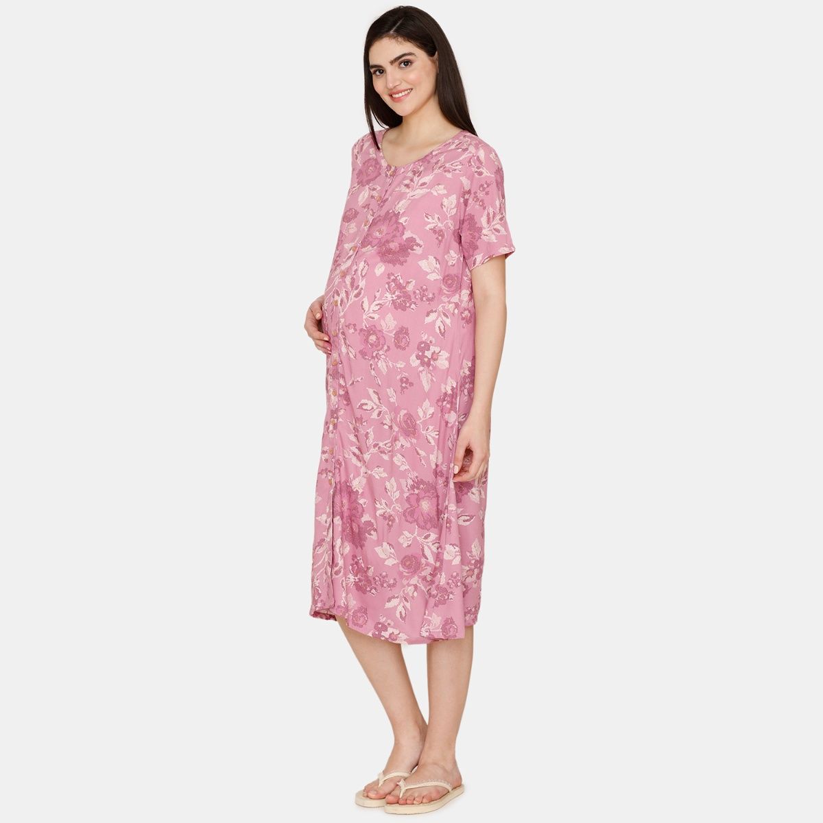 Zivame Coucou Maternity Woven Mid Length Loungewear Dress Blush Pink