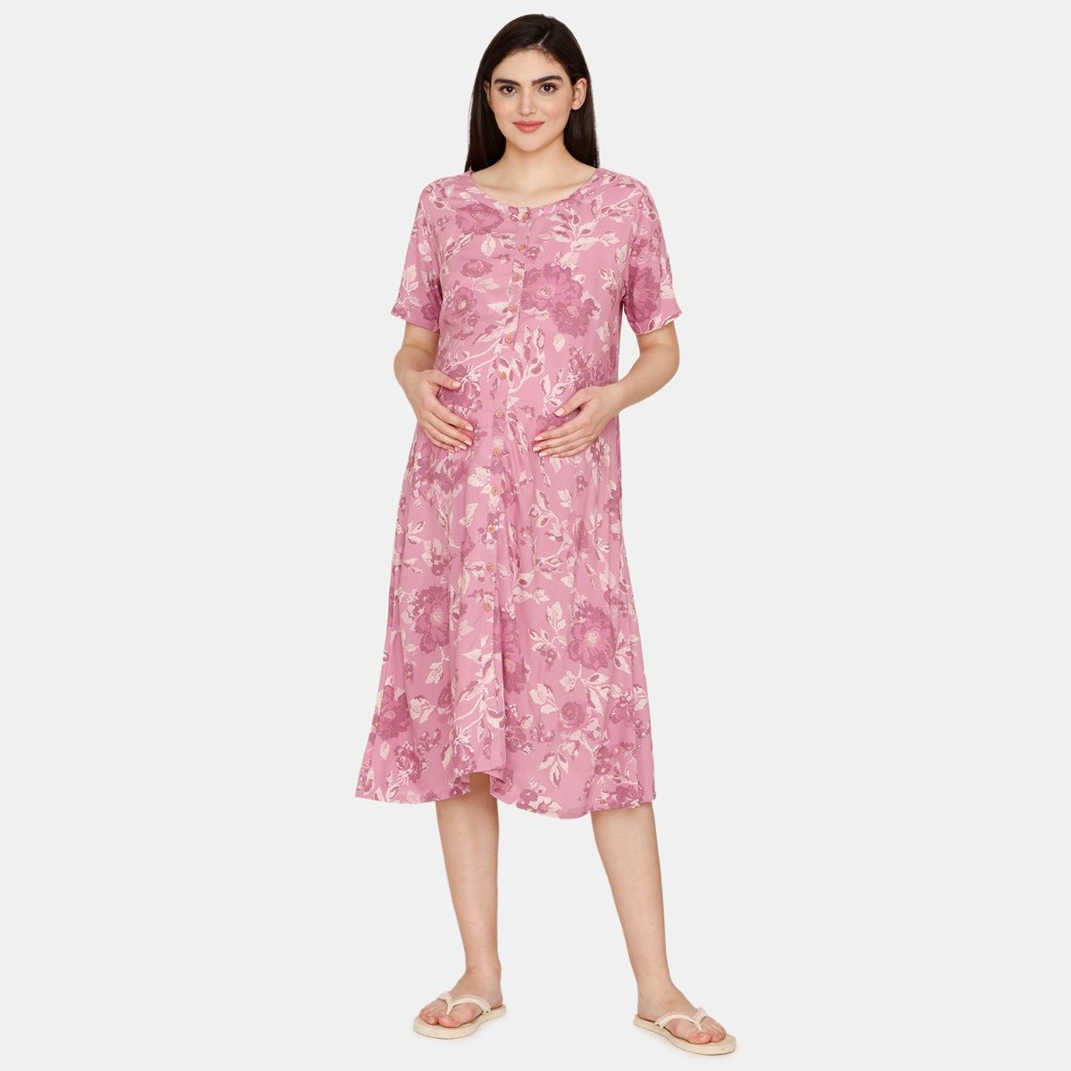 Zivame Coucou Maternity Woven Mid Length Loungewear Dress Blush Pink