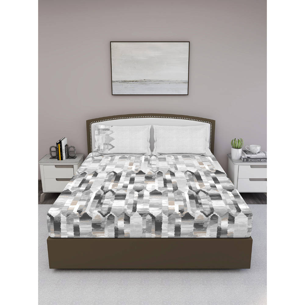 GM Grey White Geometric 180 TC King Bedsheet with 2 Pillow Covers