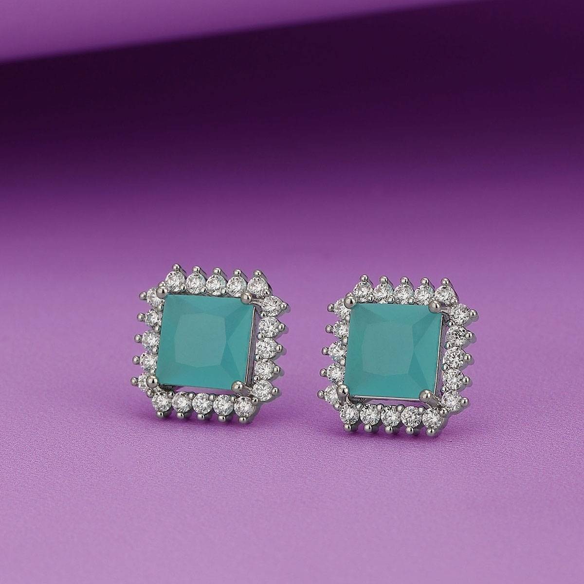 Carlton London Women Rhodium Plated with Turquoise Stone Stud Earring