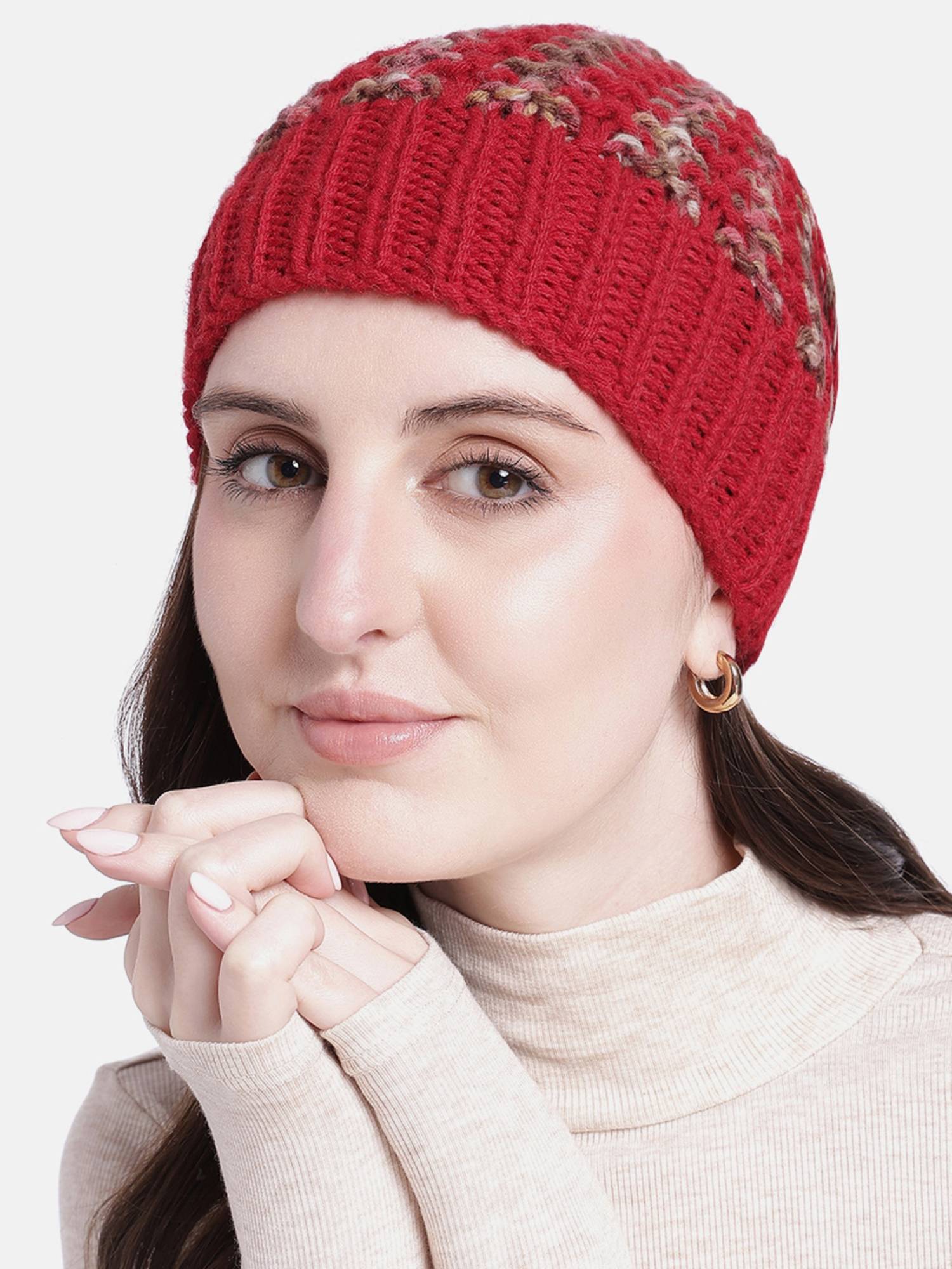 Magic Needles Handmade Knitted Self-Design Beanie Red