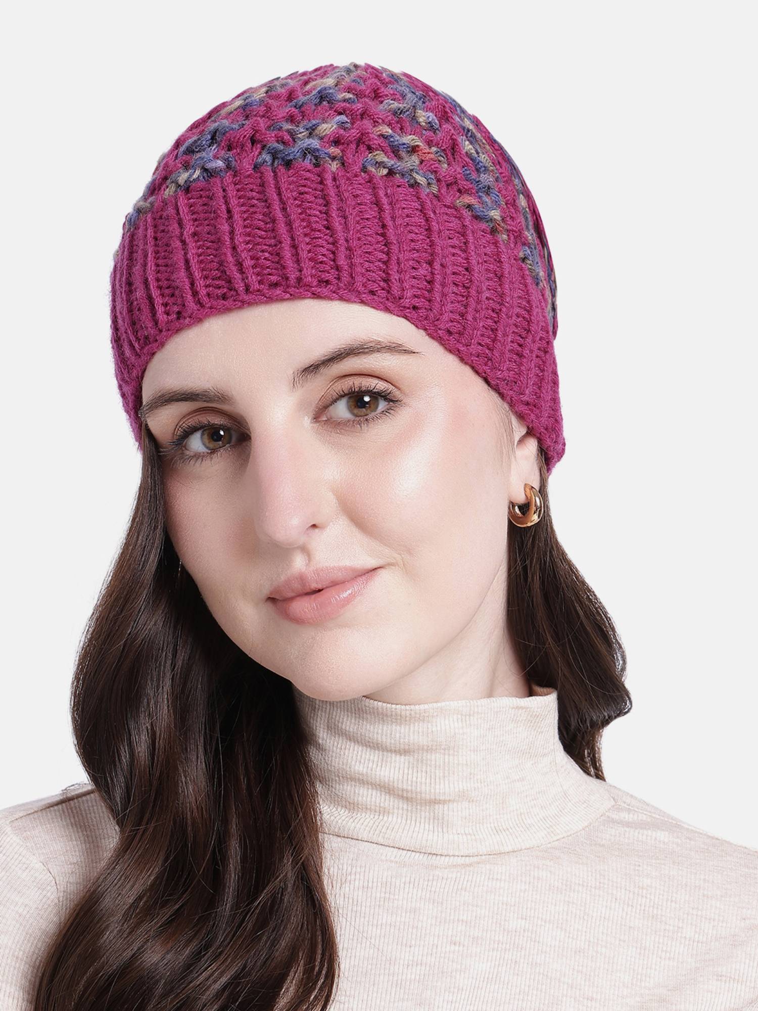 Magic Needles Handmade Knitted Self-Design Beanie Magenta