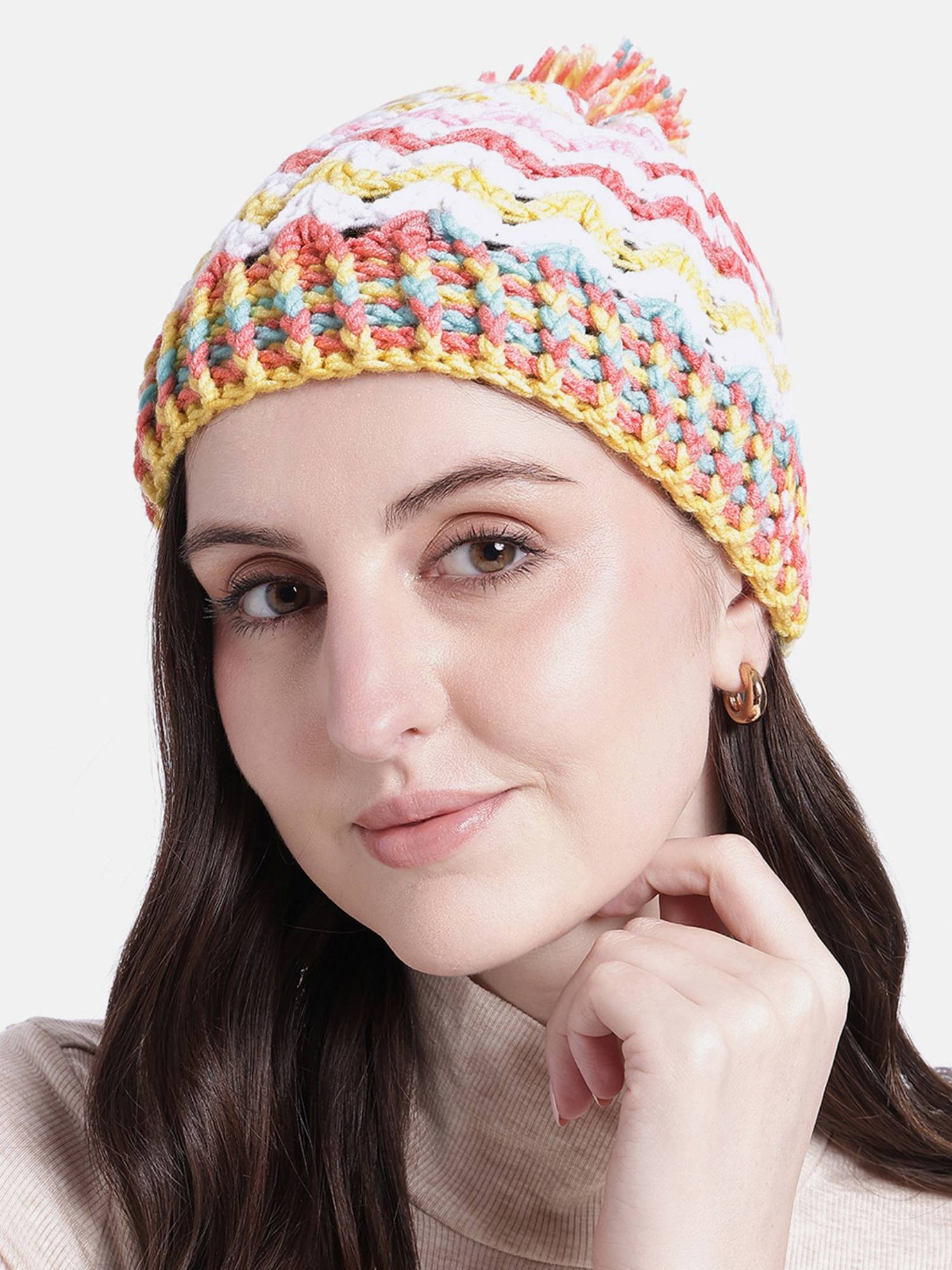 Magic Needles Multi-Color Crochet Beanie with Pompom