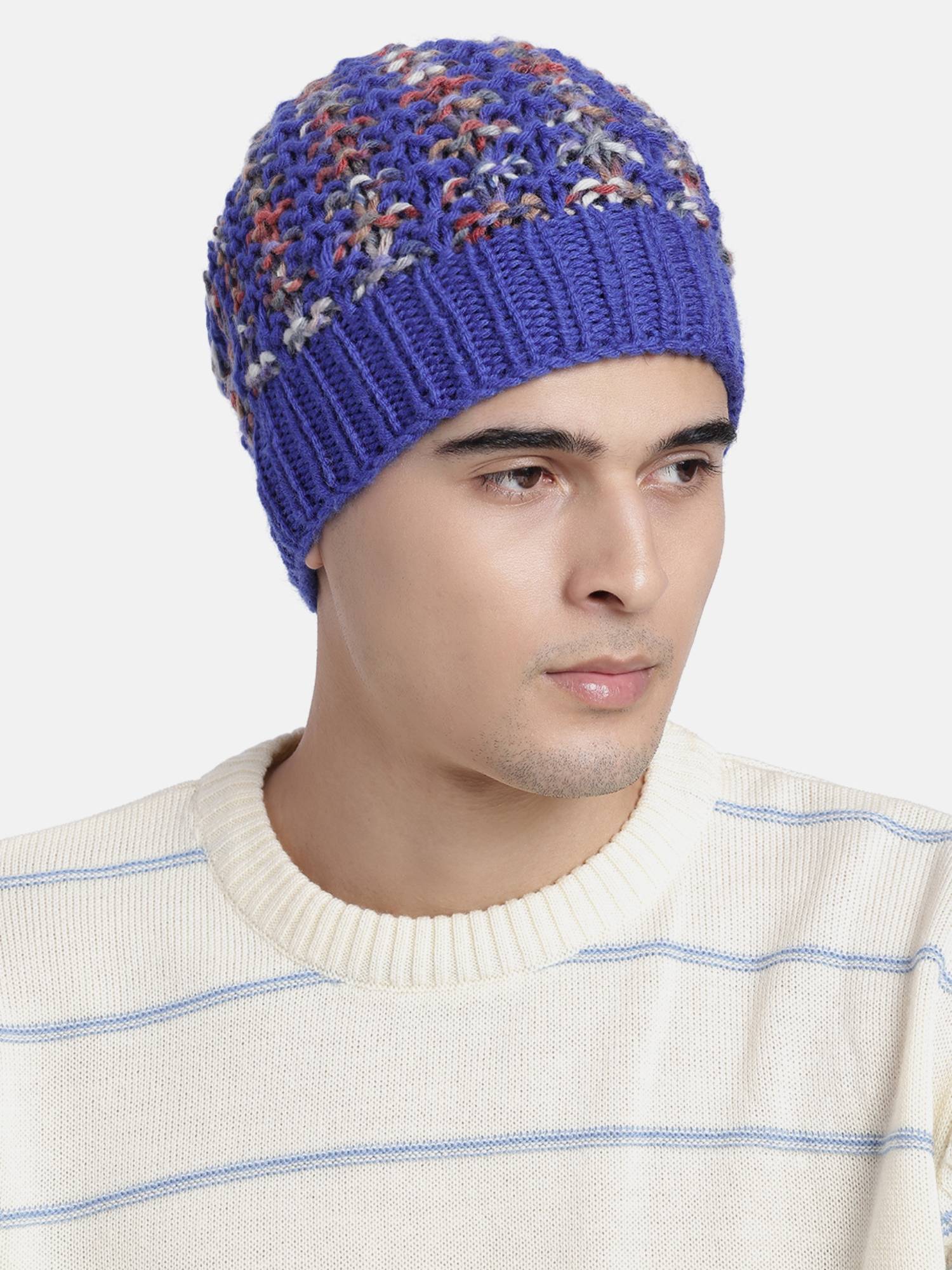 Magic Needles Handmade Knitted Self-Design Beanie Blue