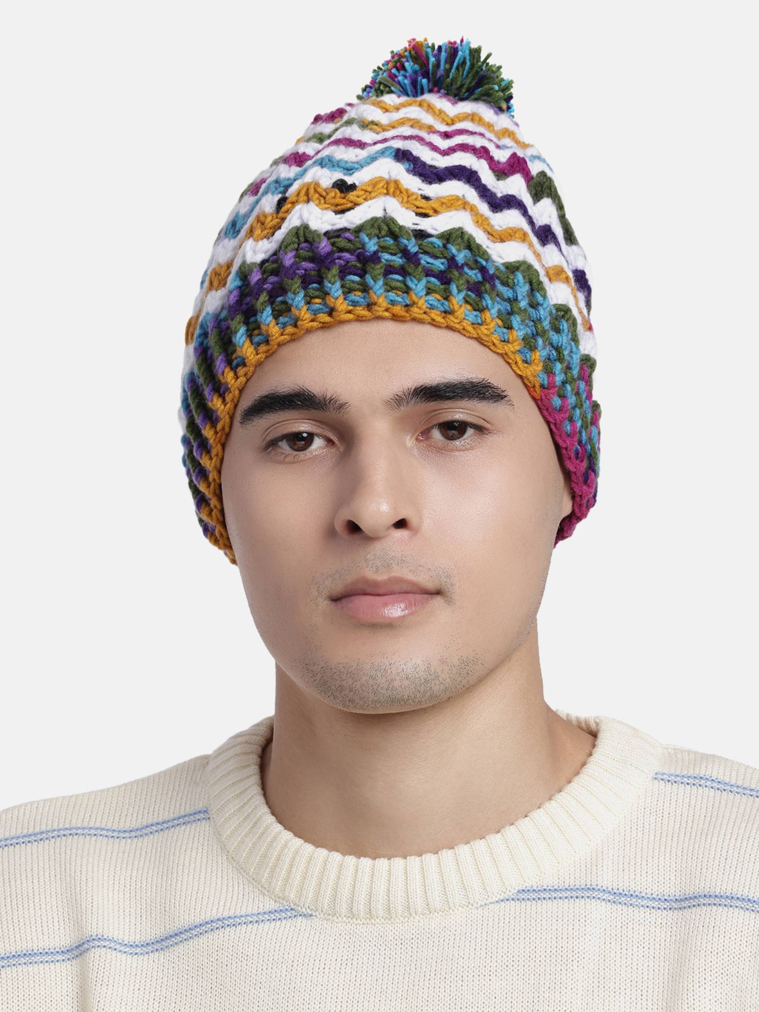 Magic Needles Multi-Color Crochet Beanie with Pompom