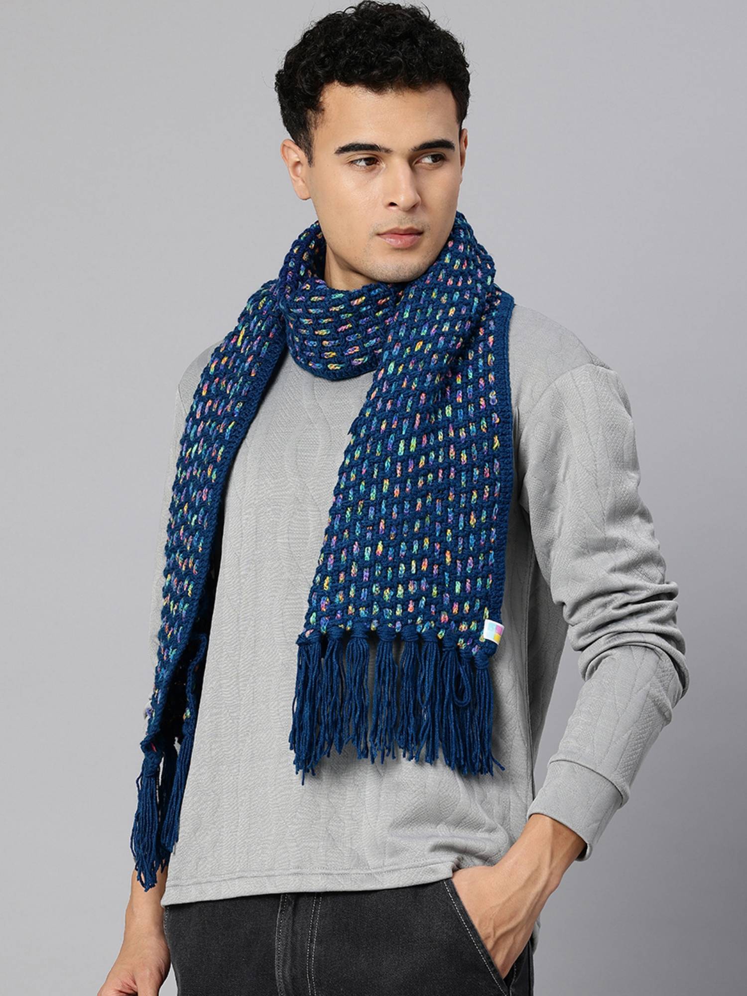 Magic Needles Handmade Crochet Net and Lace Scarf with Tassels Blue