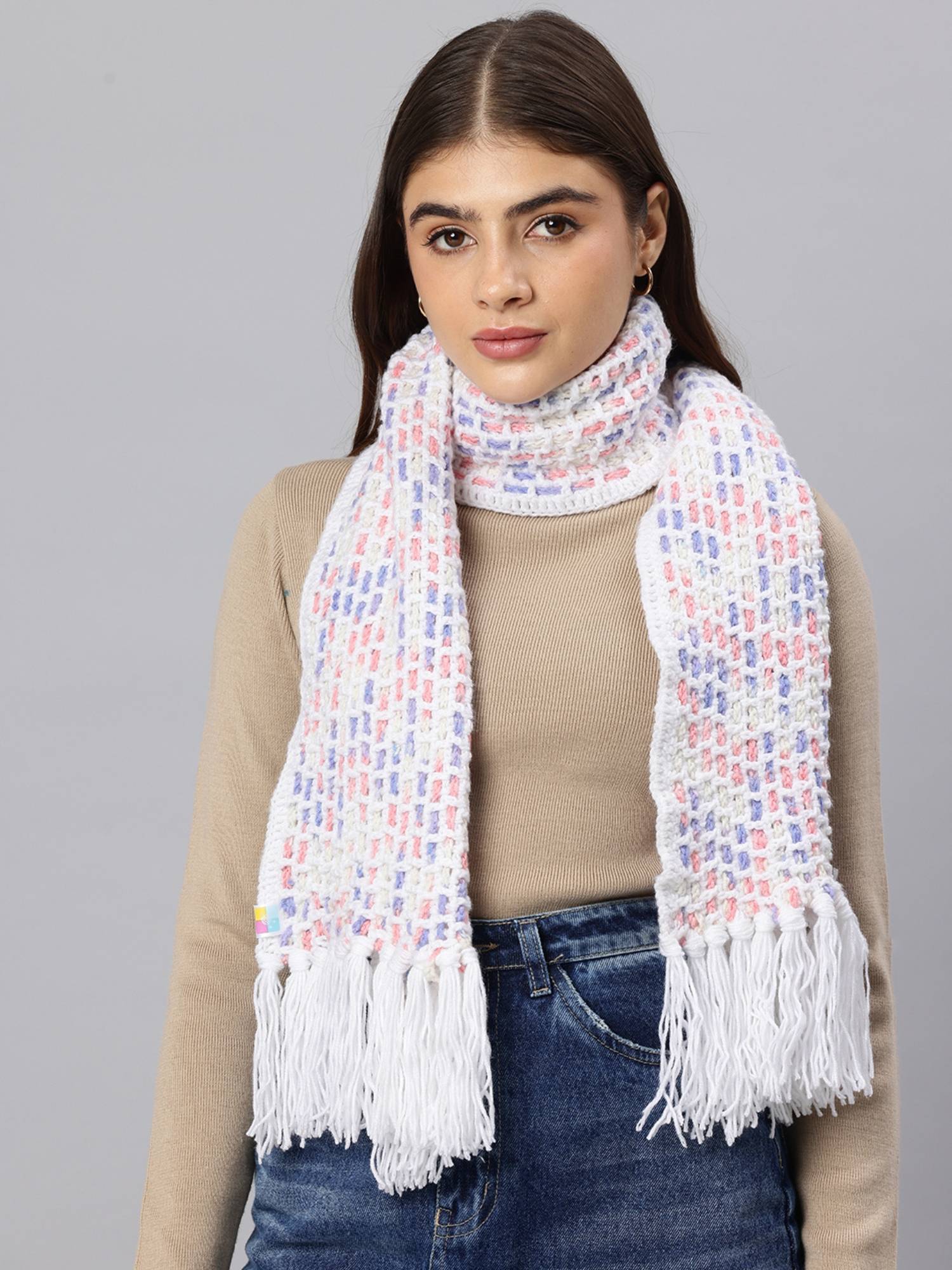 Magic Needles Handmade Crochet Net and Lace Scarf with Tassels White