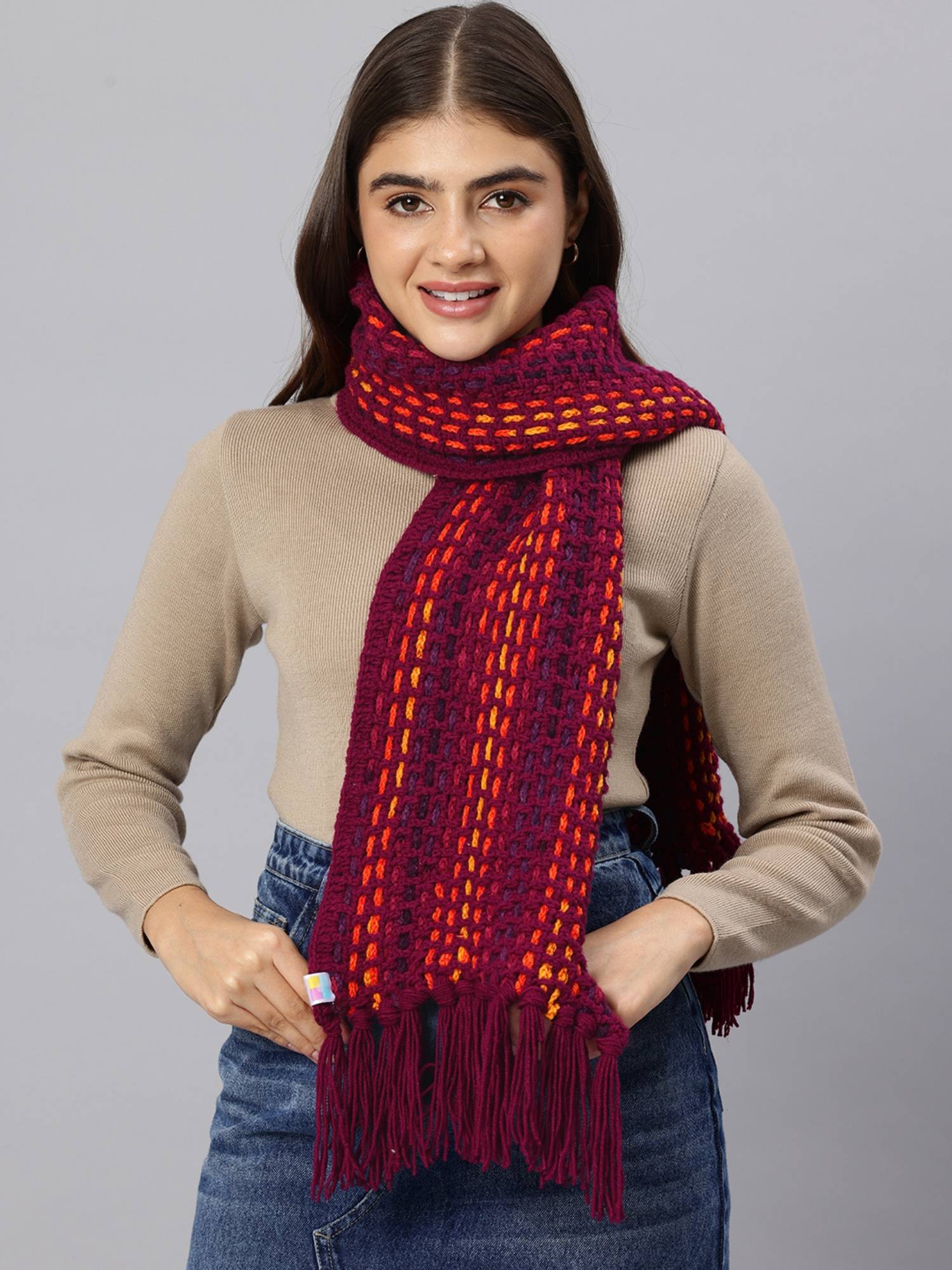 Magic Needles Handmade Crochet Net and Lace Scarf with Tassels Magenta