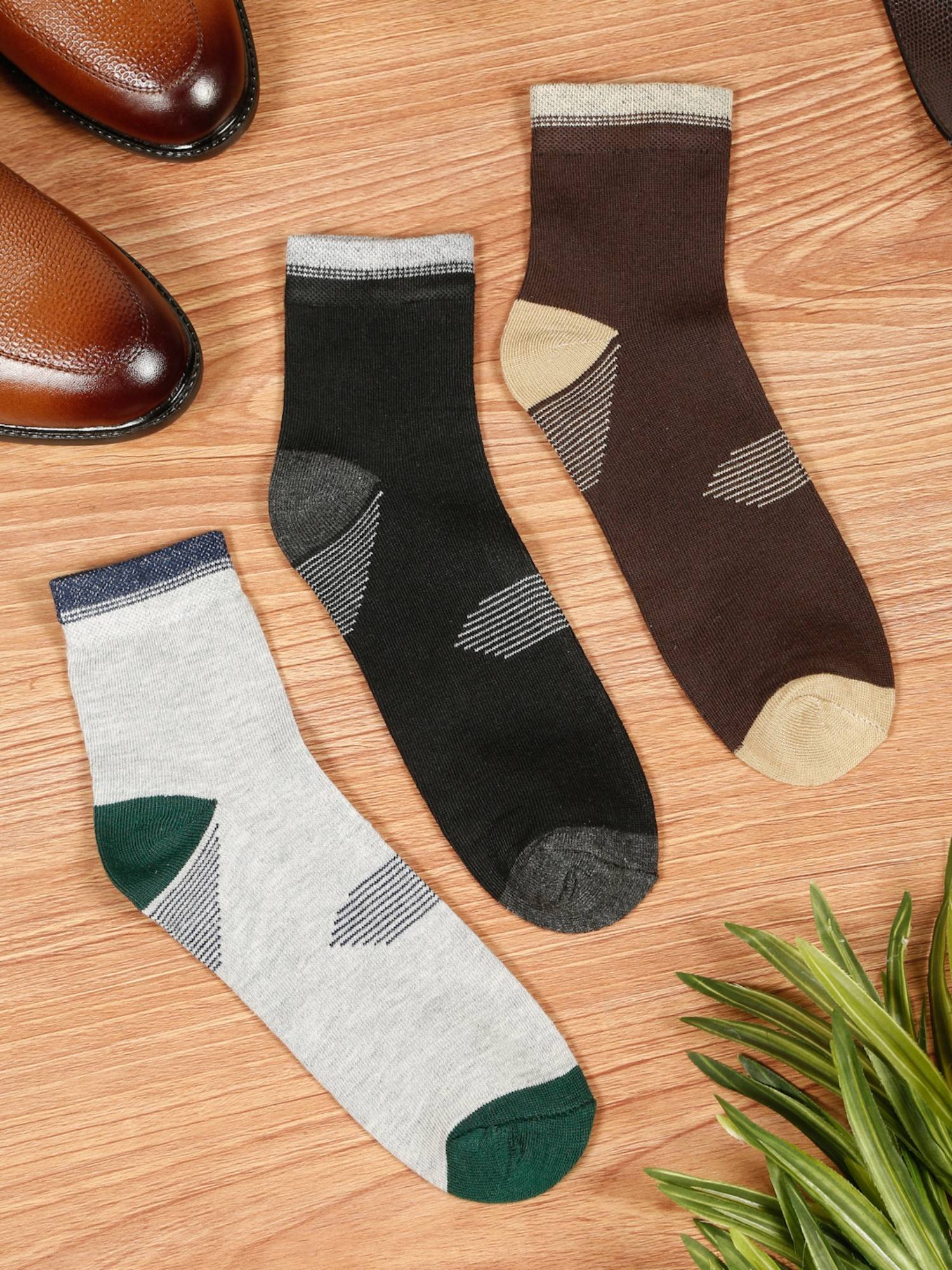 Teakwood Mens Black Brown & Grey Cotton Above Ankle Length Socks (Pack of 3)