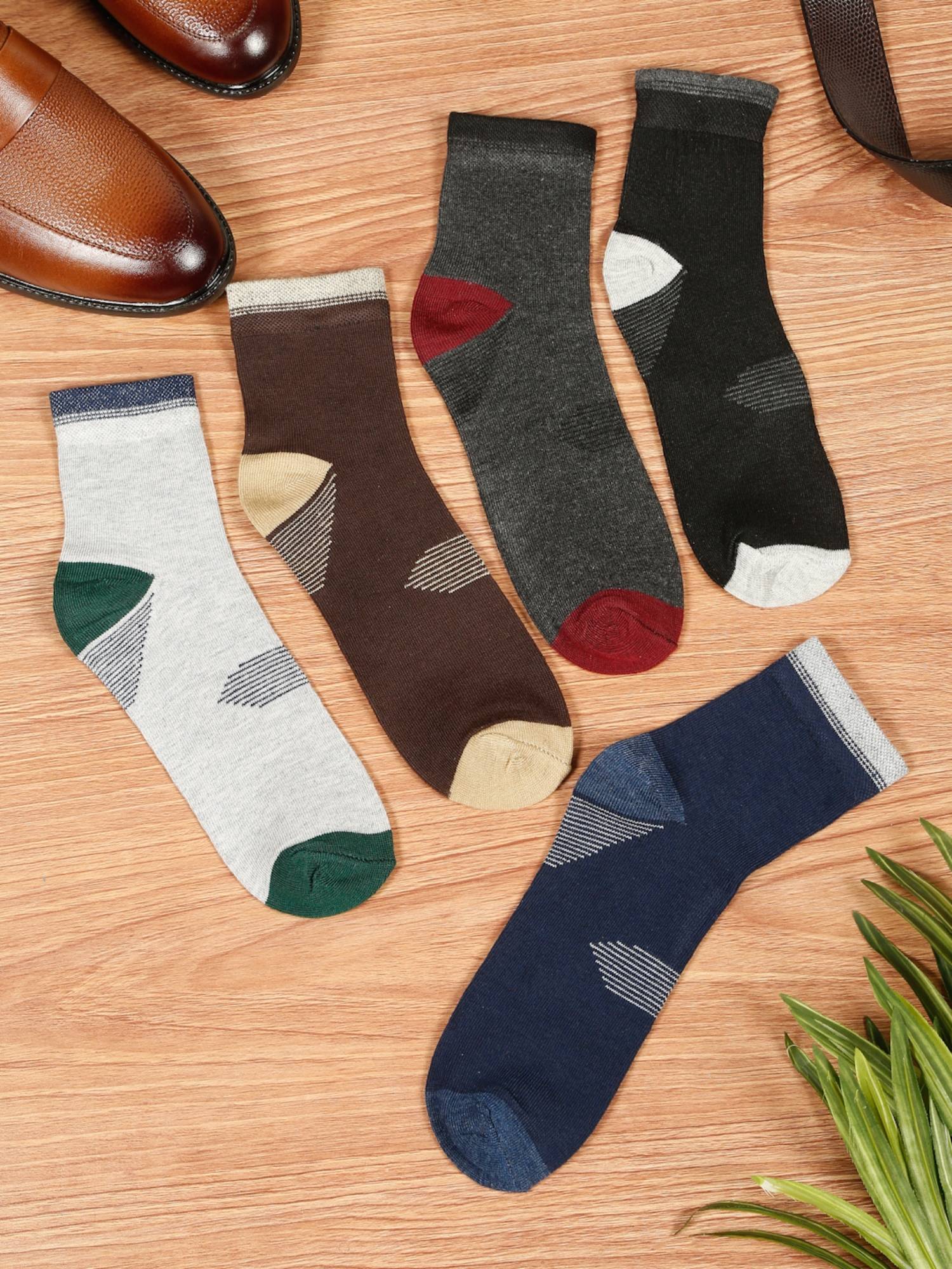 Teakwood Mens Black,Brown,Grey,Navy & Dark Grey Cotton Above Ankle Length Socks (Pack of 5)