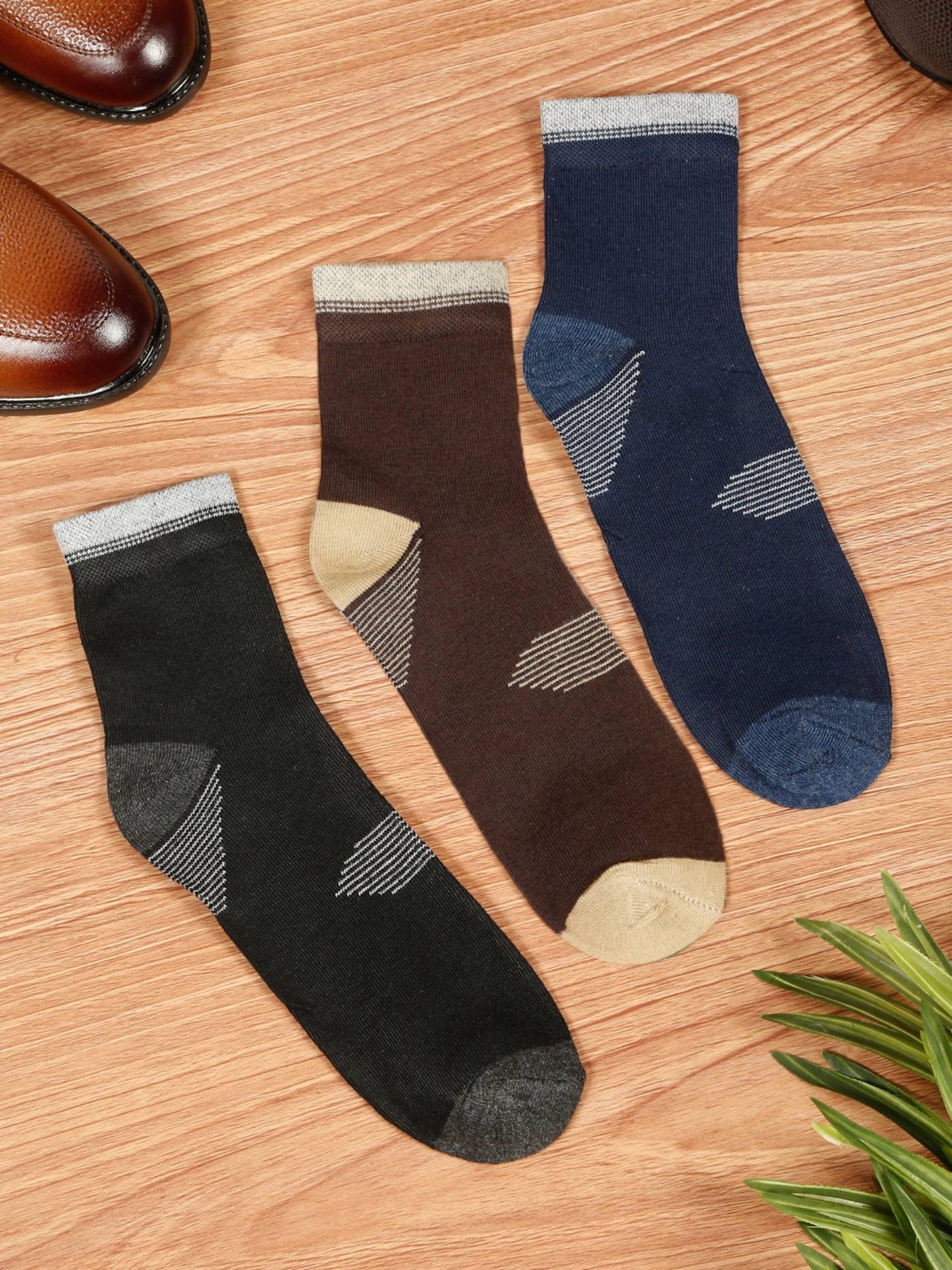 Teakwood Mens Black Brown & Navy Cotton Above Ankle Length Socks (Pack of 3)