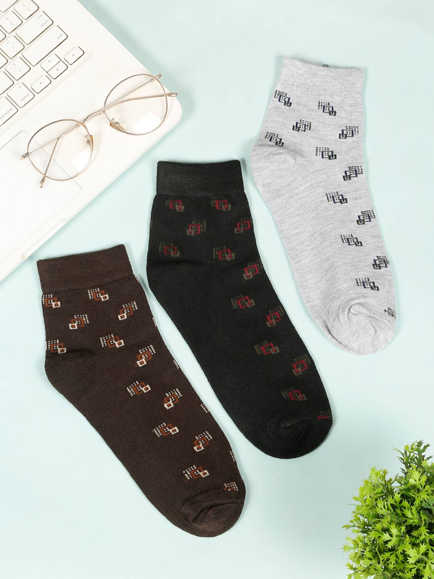 Teakwood Mens Black Brown & Grey Cotton Above Ankle Length Socks (Pack of 3)