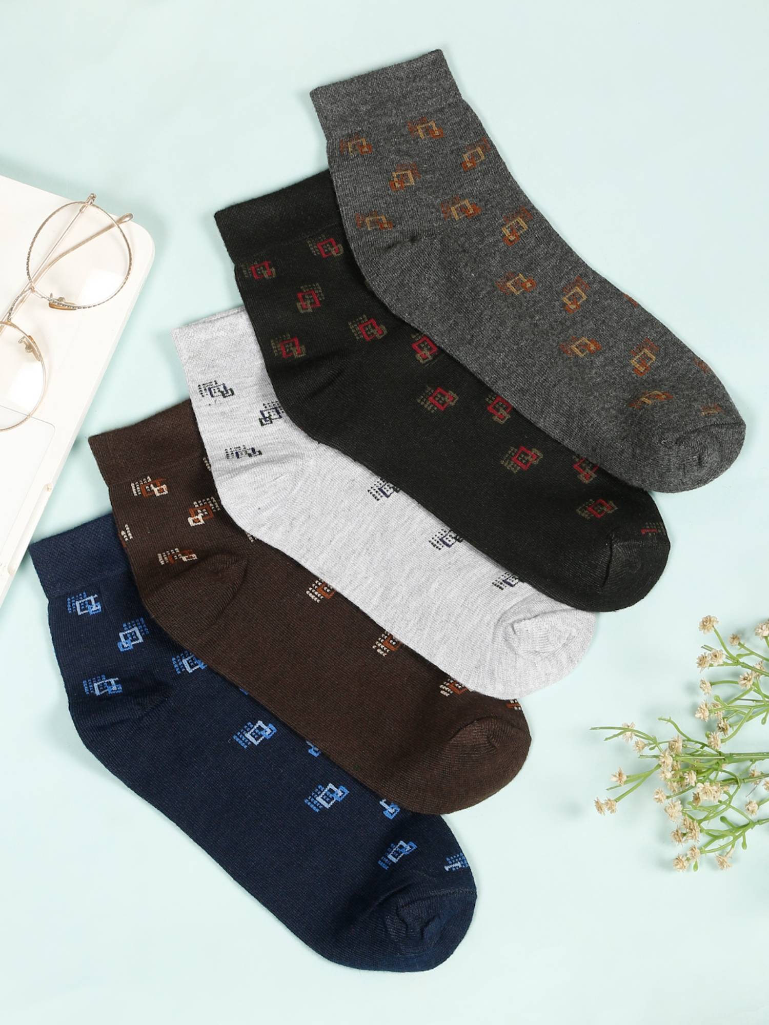 Teakwood Mens Black,Brown,Grey,Navy & Dark Grey Cotton Above Ankle Length Socks (Pack of 5)