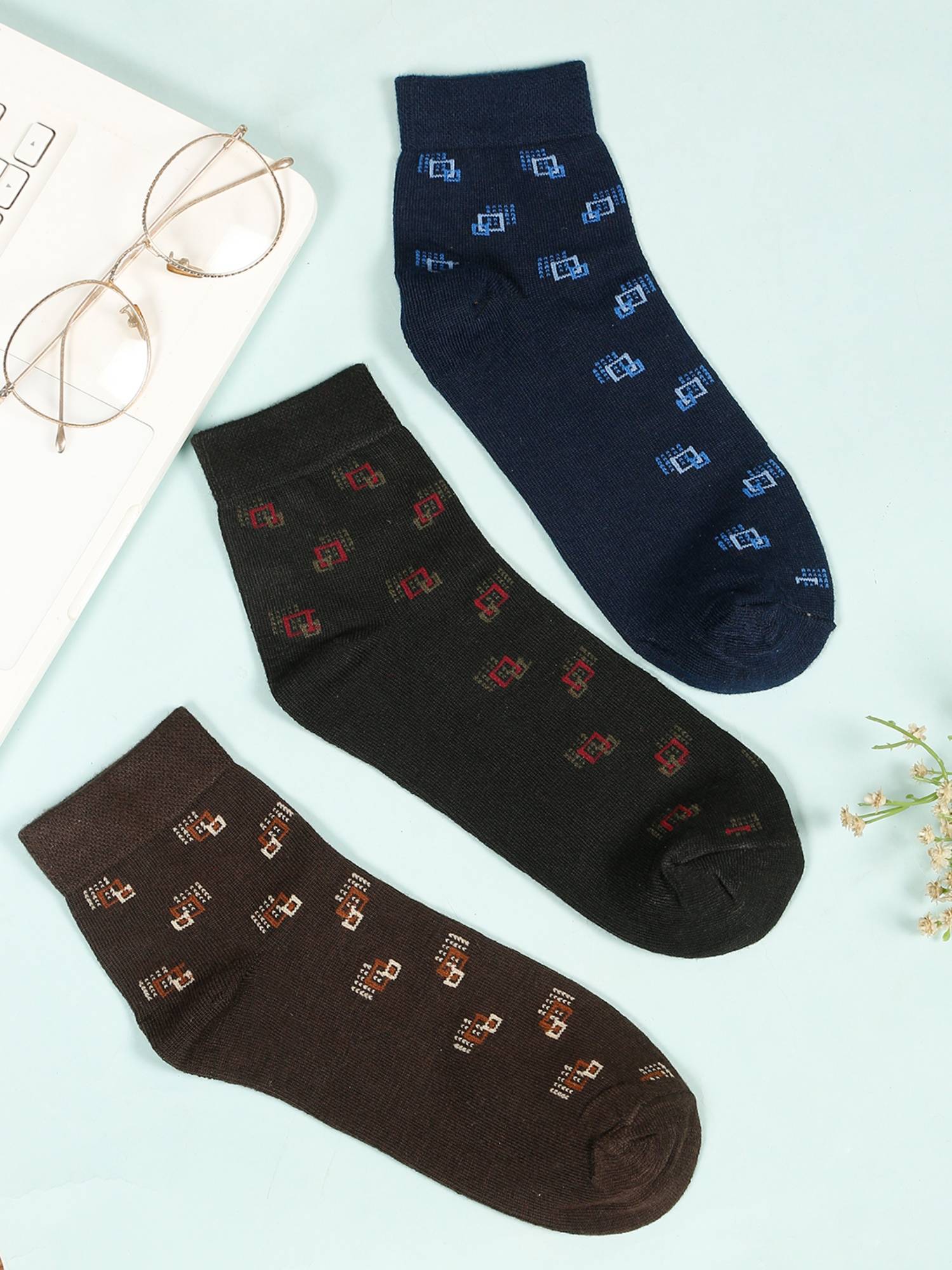 Teakwood Mens Black Brown & Navy Cotton Above Ankle Length Socks (Pack of 3)
