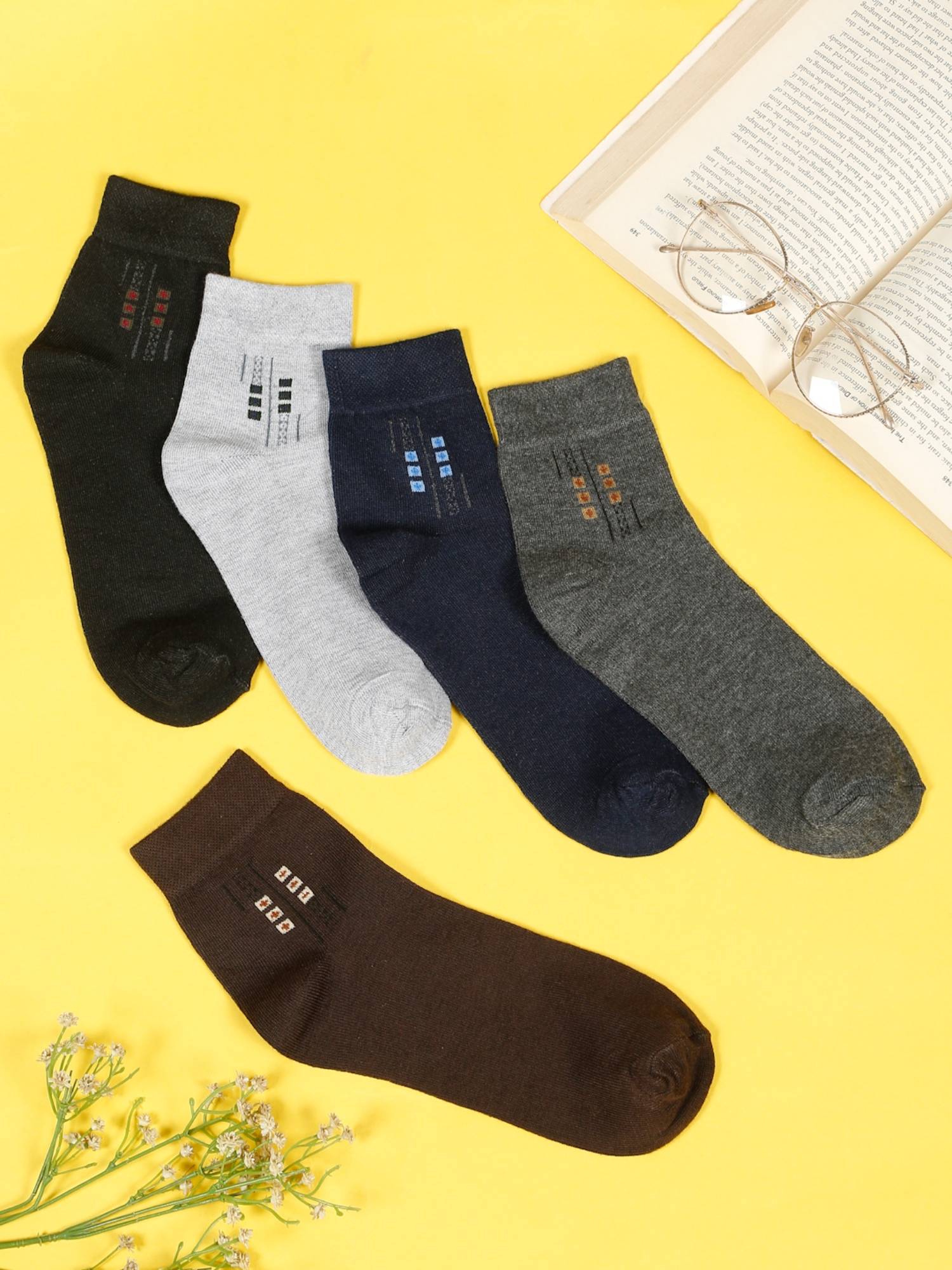 Teakwood Mens Black,Brown,Grey,Navy & Dark Grey Cotton Above Ankle Length Socks (Pack of 5)