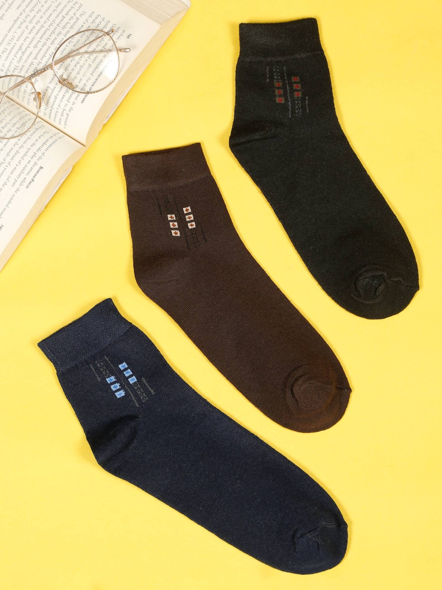 Teakwood Mens Black Brown & Navy Cotton Above Ankle Length Socks (Pack of 3)