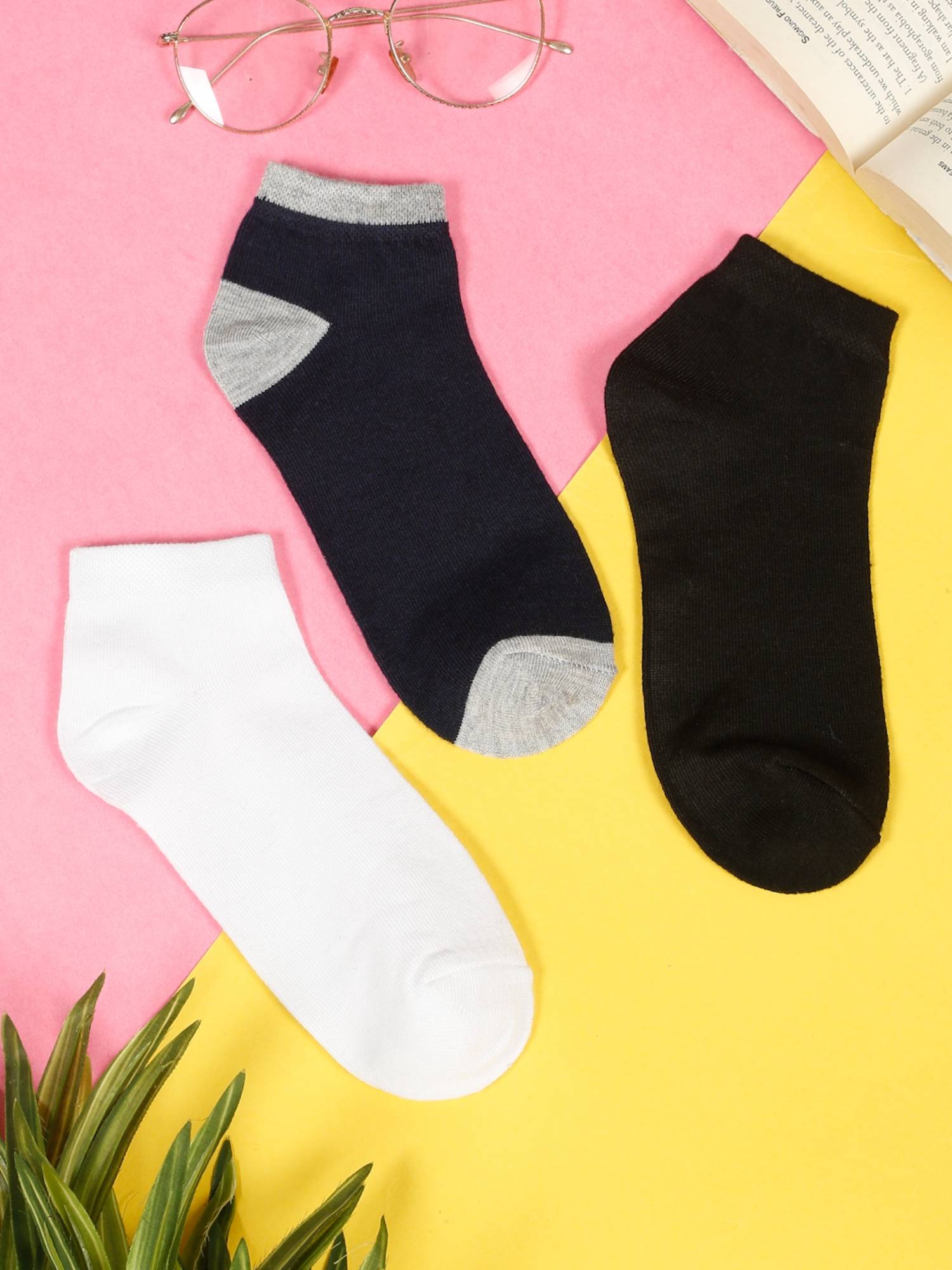 Teakwood Mens Black White & Navy Cotton Ankle Length Socks (Pack of 3)