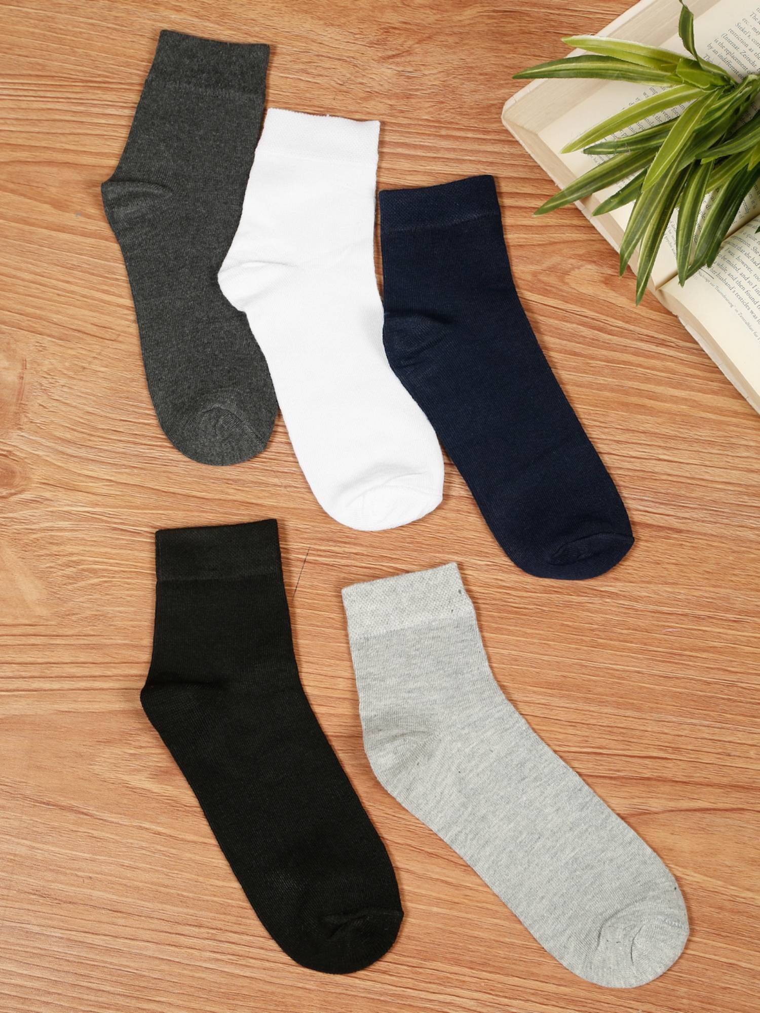 Teakwood Mens Black,White,Grey,Navy & Dark Grey Cotton Above Ankle Length Socks (Pack of 5)