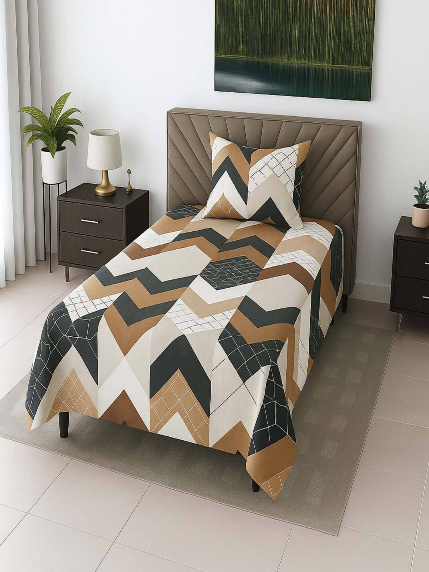 Threadwear Multicolor Geomertri 210 TC Mix Cotton Single Bedsheet with Pillow Cover
