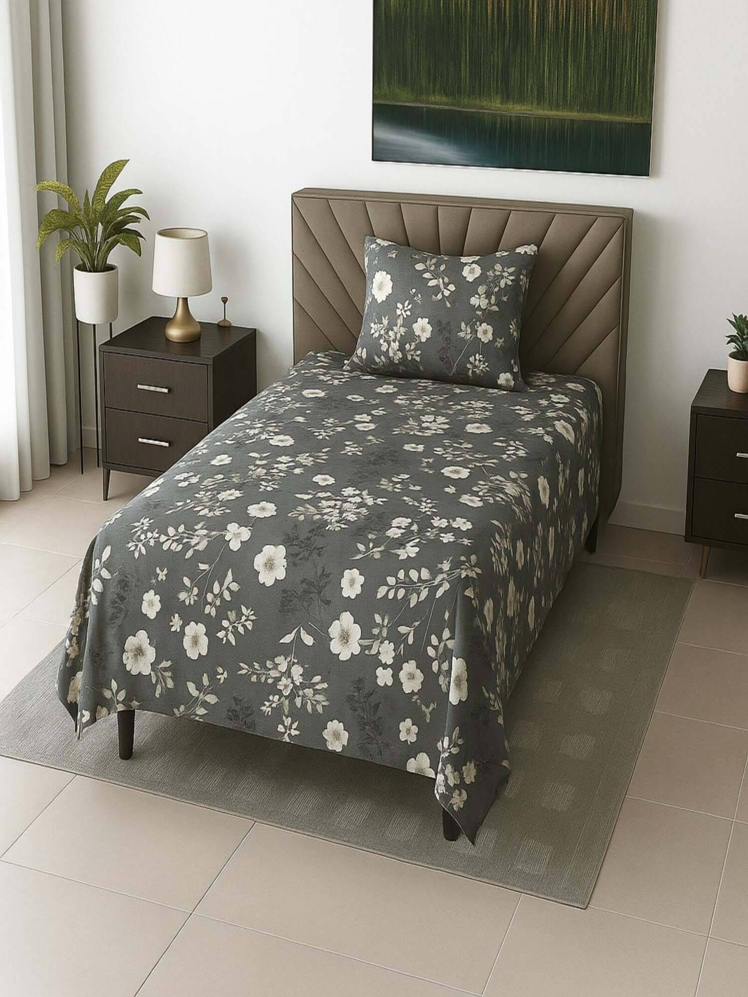 Threadwear Dark Chocolate Floral 210 TC Mix Cotton Flat Single Bedsheet with Pillow Cover