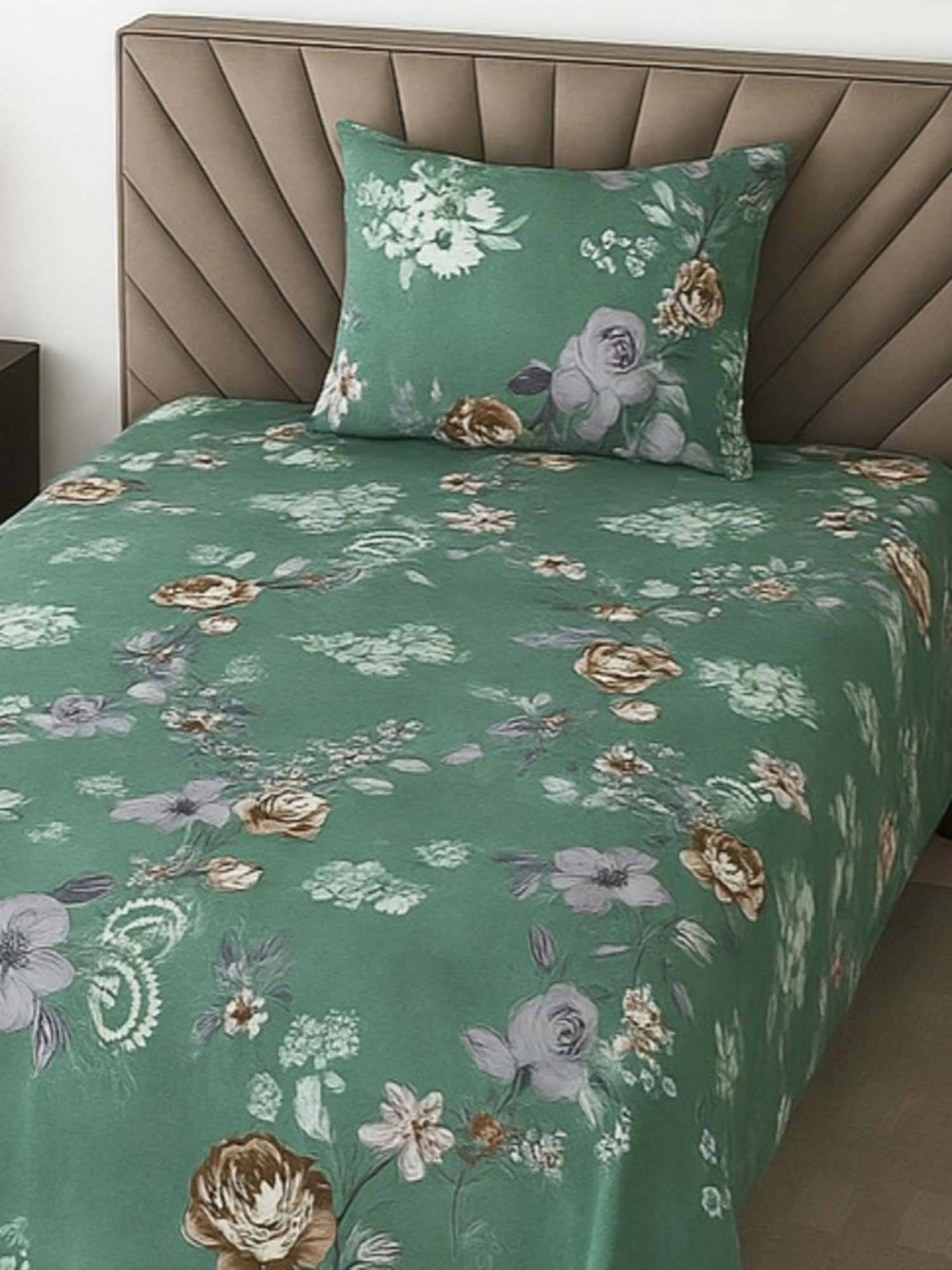 Threadwear Green Floral 210 TC Mix Cotton Flat Single Bedsheet with Pillow Cover