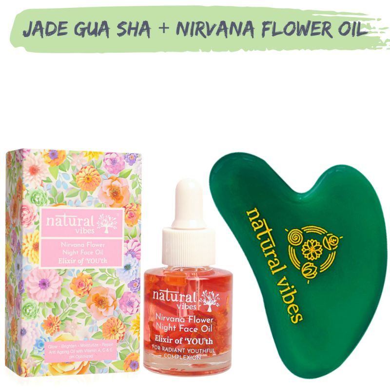 Natural Vibes Jade Gua Sha Face Massager+ Nirvana Anti Ageing Flower Oil