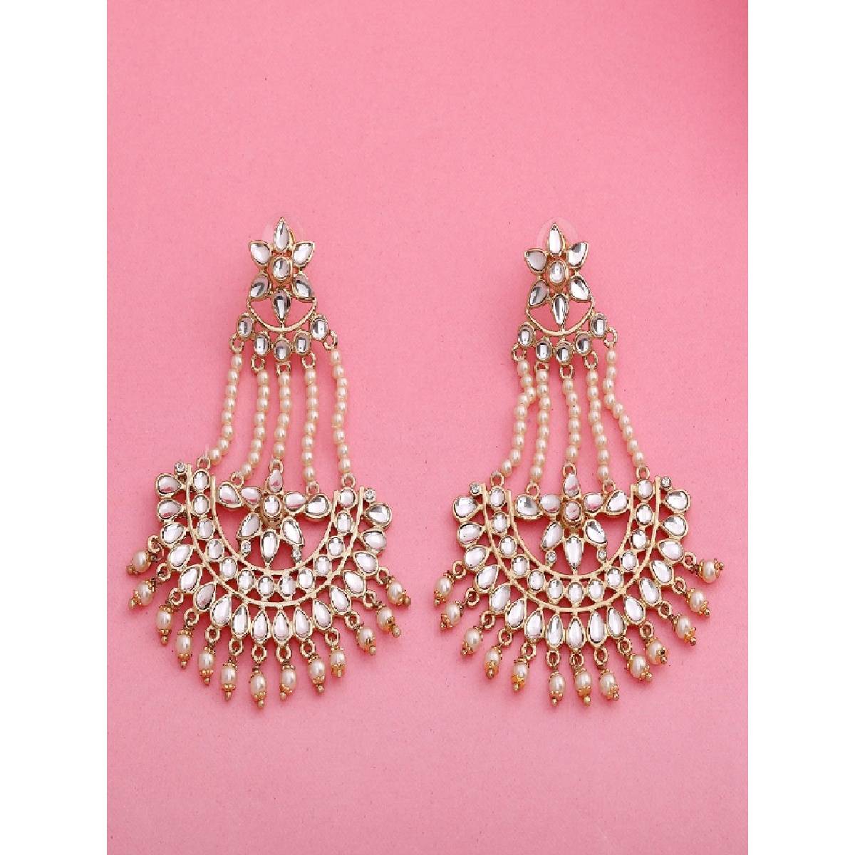 Estele Gold Plated Fancy Embellished Chandbali Kundan Earrings with Pearls for Women