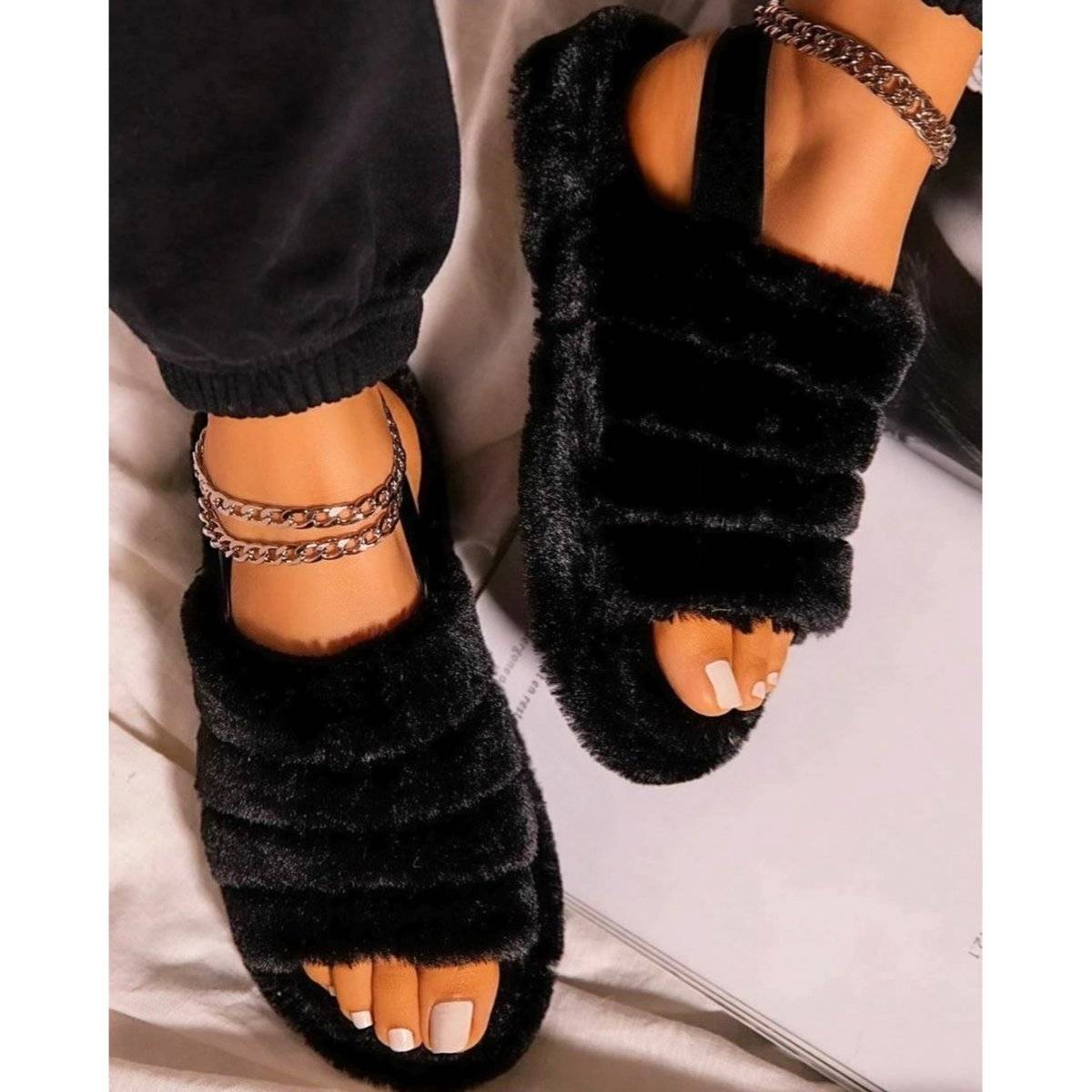 Buy Zori World Storm- Solid Black Faux Fur Sandals Online