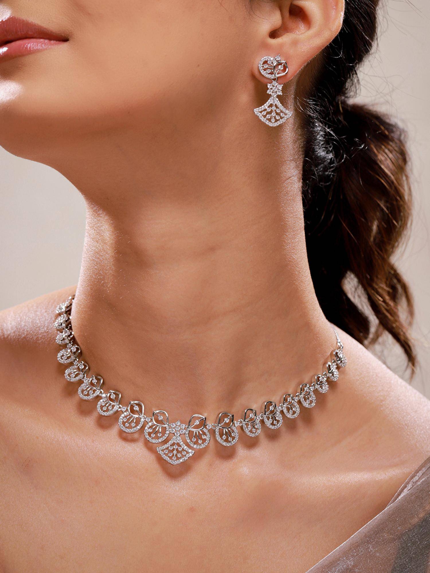 Voylla Sparkling Elegance Silver Lotus Fan Cz Necklace Set