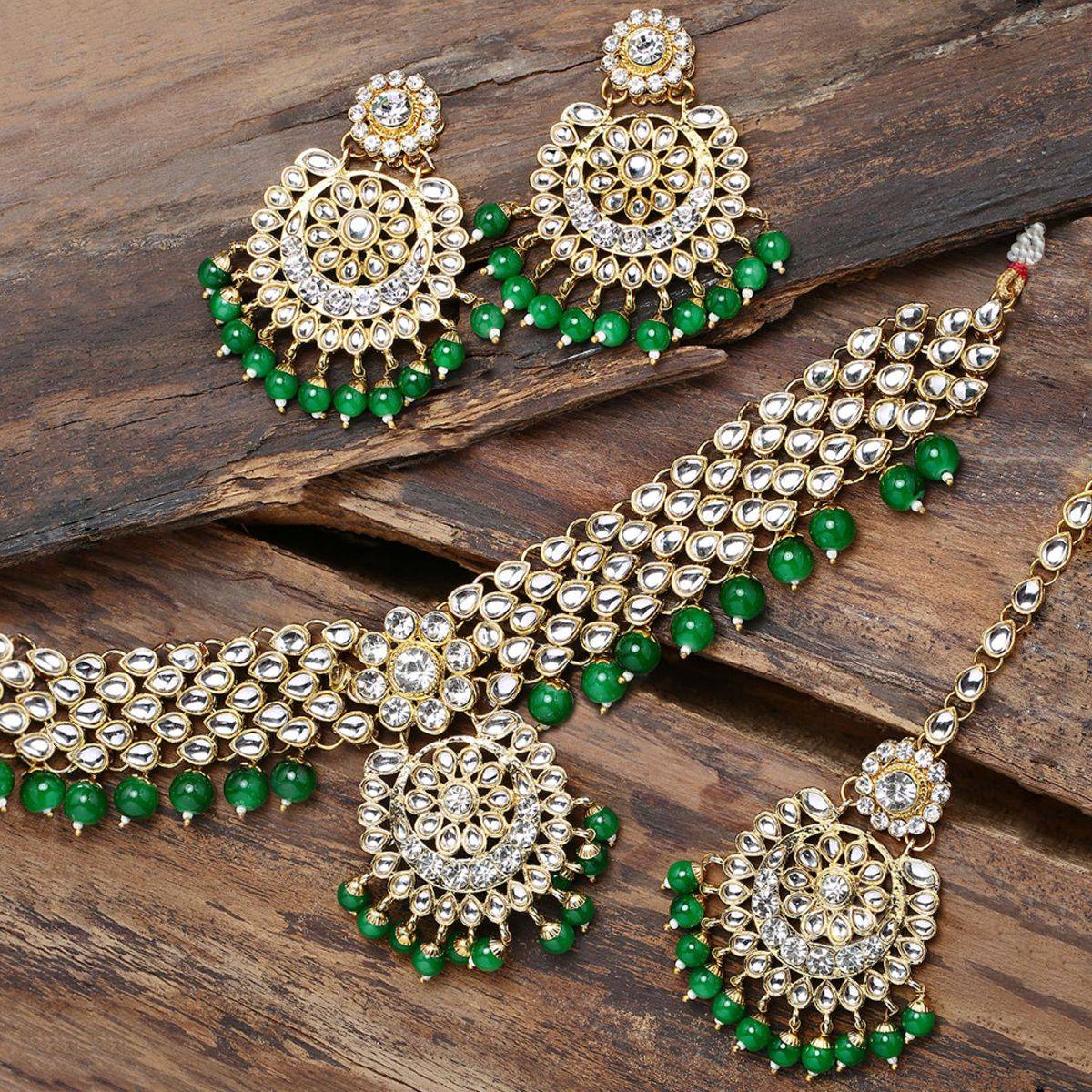 Zaveri Pearls Kundan & Green Beads Choker Festive Necklace, Earring & Maangtikka Set - ZPFK9420