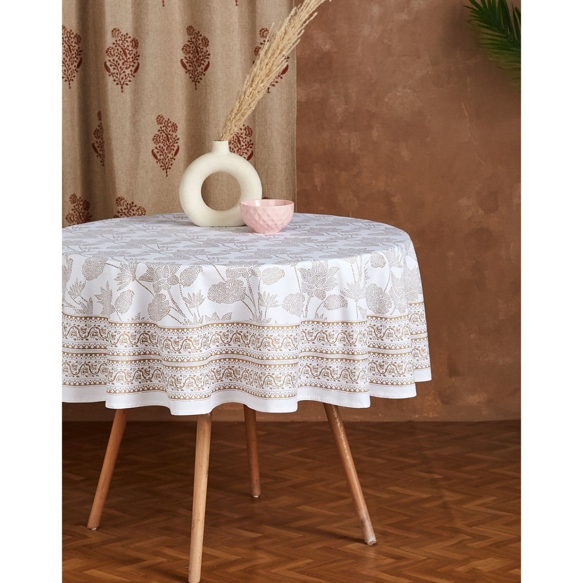 Fabindia White Dhaani Cotton Printed Round Table Cover (6 Seater) Buy