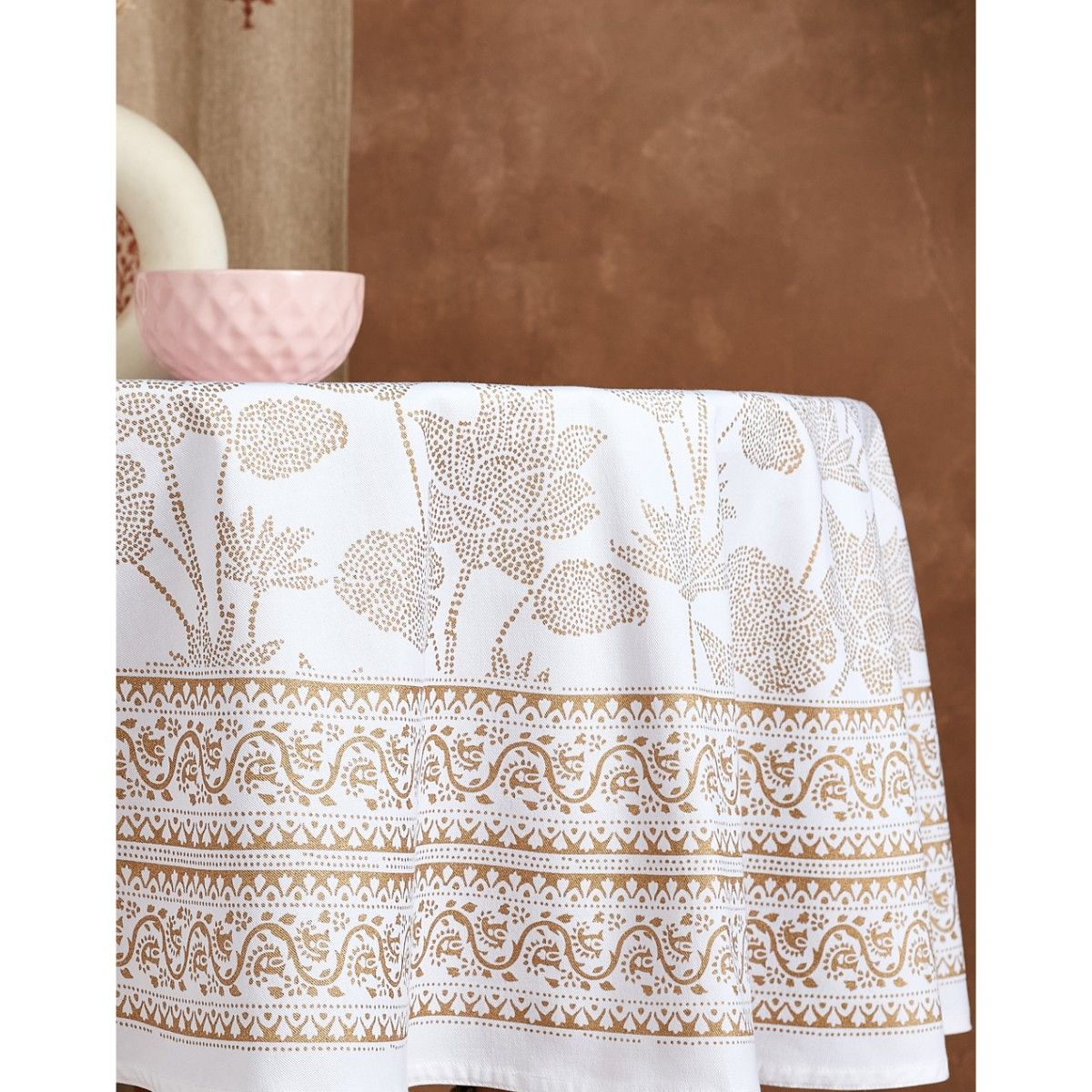Fabindia White Dhaani Cotton Printed Round Table Cover (6 Seater) Buy