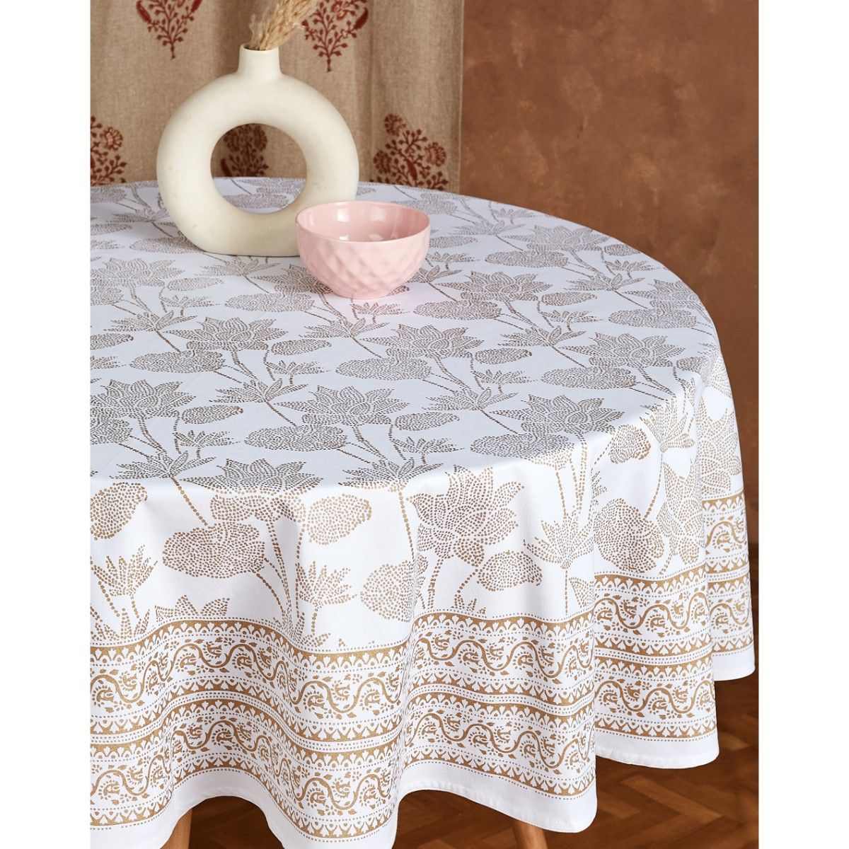 Fabindia White Dhaani Cotton Printed Round Table Cover (6 Seater) Buy