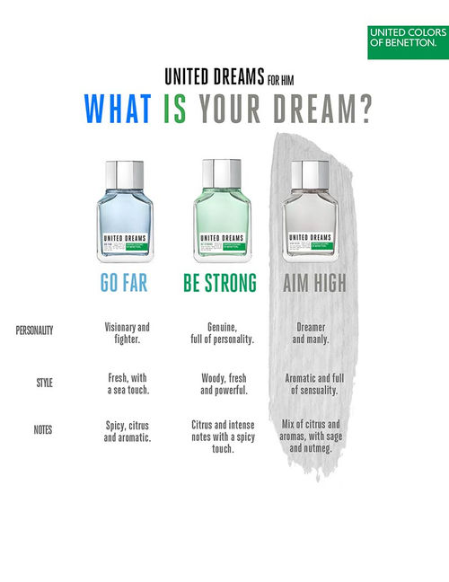 United Colors Of Benetton United Dreams Aim High Eau De Toilette Buy United Colors Of Benetton United Dreams Aim High Eau De Toilette Online At Best Price In India Nykaa Justin reviews united dreams aim high by benetton.transcript:hey everyone, justin here, and today i'll be reviewing aim high from the united dreams. united colors of benetton united dreams aim high eau de toilette for men