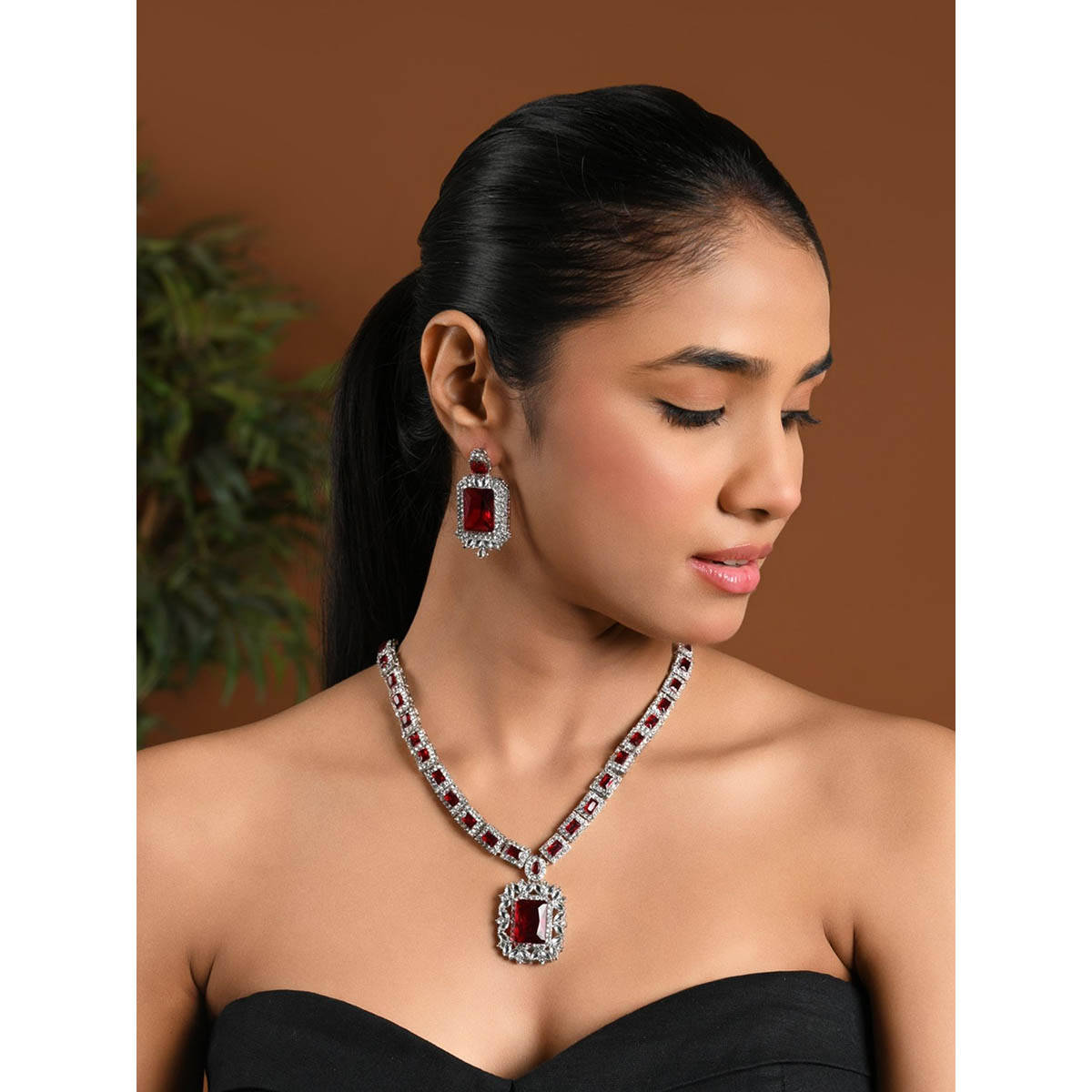 I Jewels Silver Plated Maroon Stone-Studded Jewellery Set