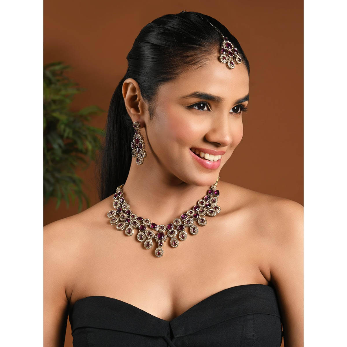 I Jewels Purple Stone Studded Jewellery Set
