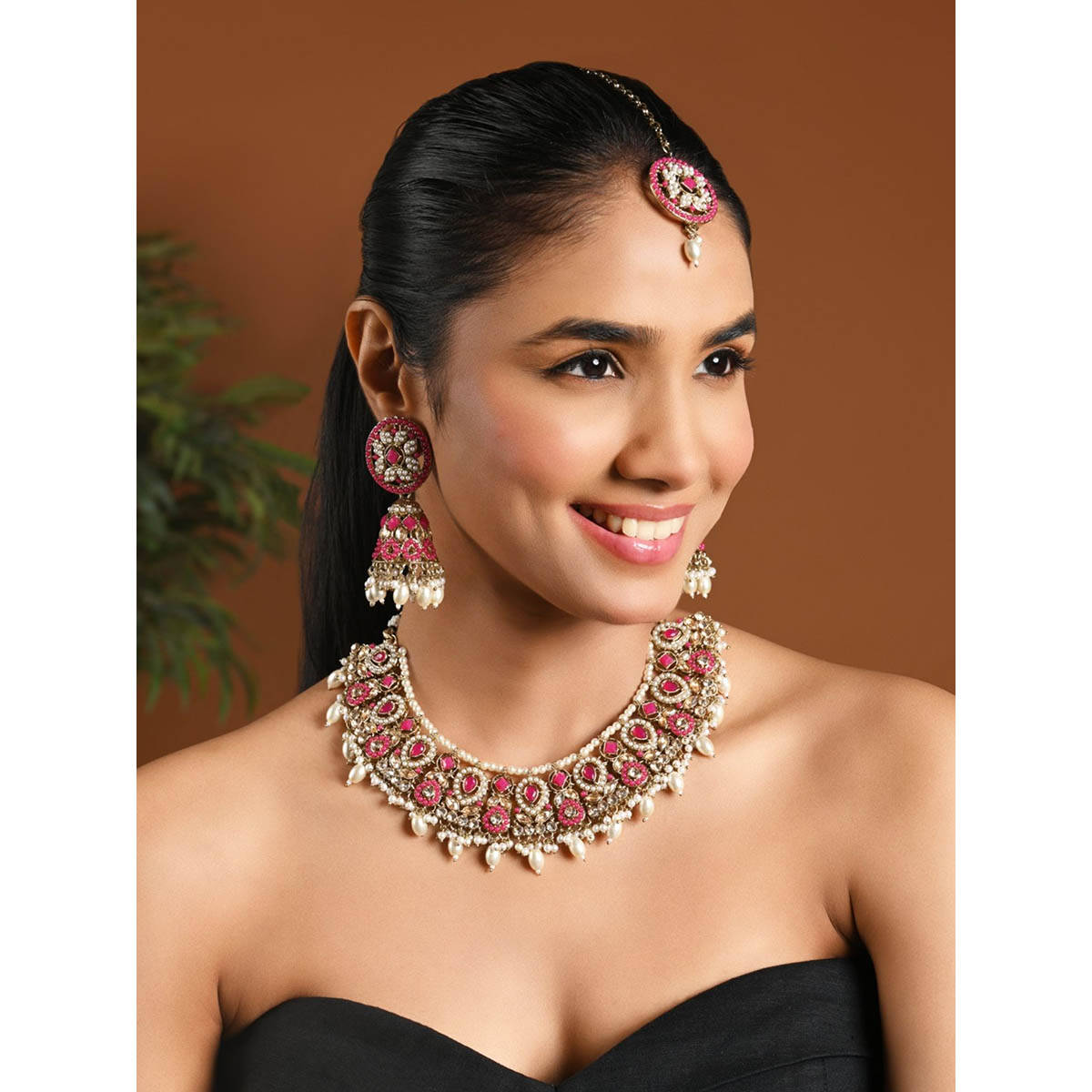 I Jewels Gold-Plated Pink Stone and Pearl Studded Jewellery Set