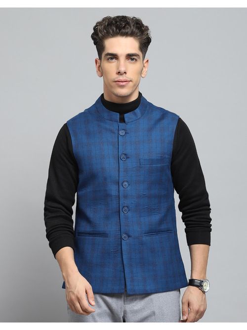 Buy Monte Carlo Men Blue Checks Sleeveless Regular Nehru Jacket Online