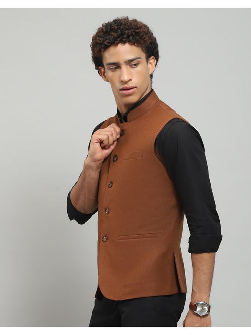 Monte Carlo Men Rust Solid Sleeveless Regular Nehru Jacket (L)