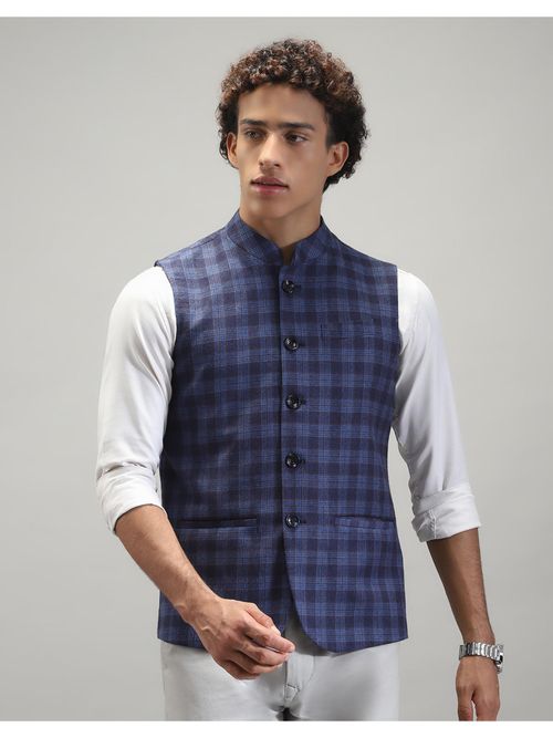 Monte Carlo Men Blue Checks Sleeveless Regular Nehru Jacket (M)