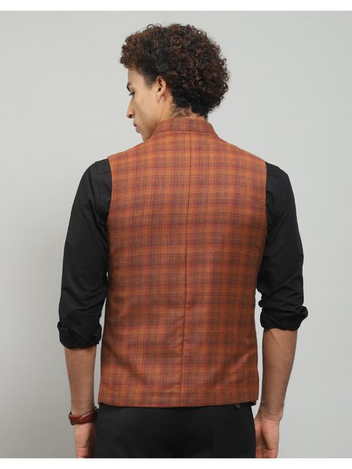 Monte Carlo Men Rust Checks Sleeveless Regular Nehru Jacket (M)