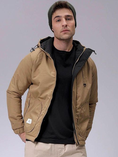 The Indian Garage Co Men Beige Solid Hooded Full Sleeves Jacket