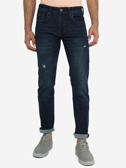 Buy Greenfibre Mens Cotton Stretch Washed Navy Blue Slim Fit Jeans